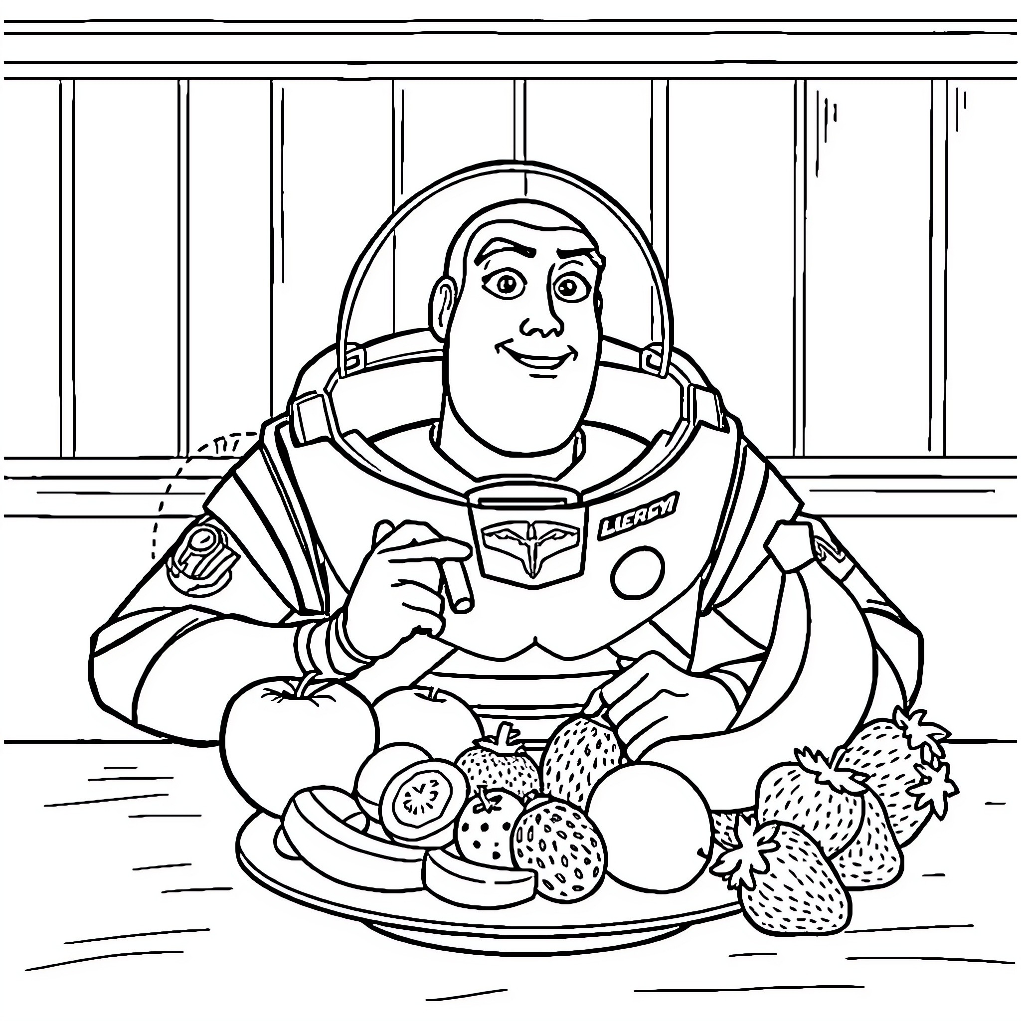 Buzz Lightyear enjoying a healthy snack Coloring Page (free black-and-white line drawing printable PDF for all, from beginners to advanced learners, including children, teens, adults, and seniors)