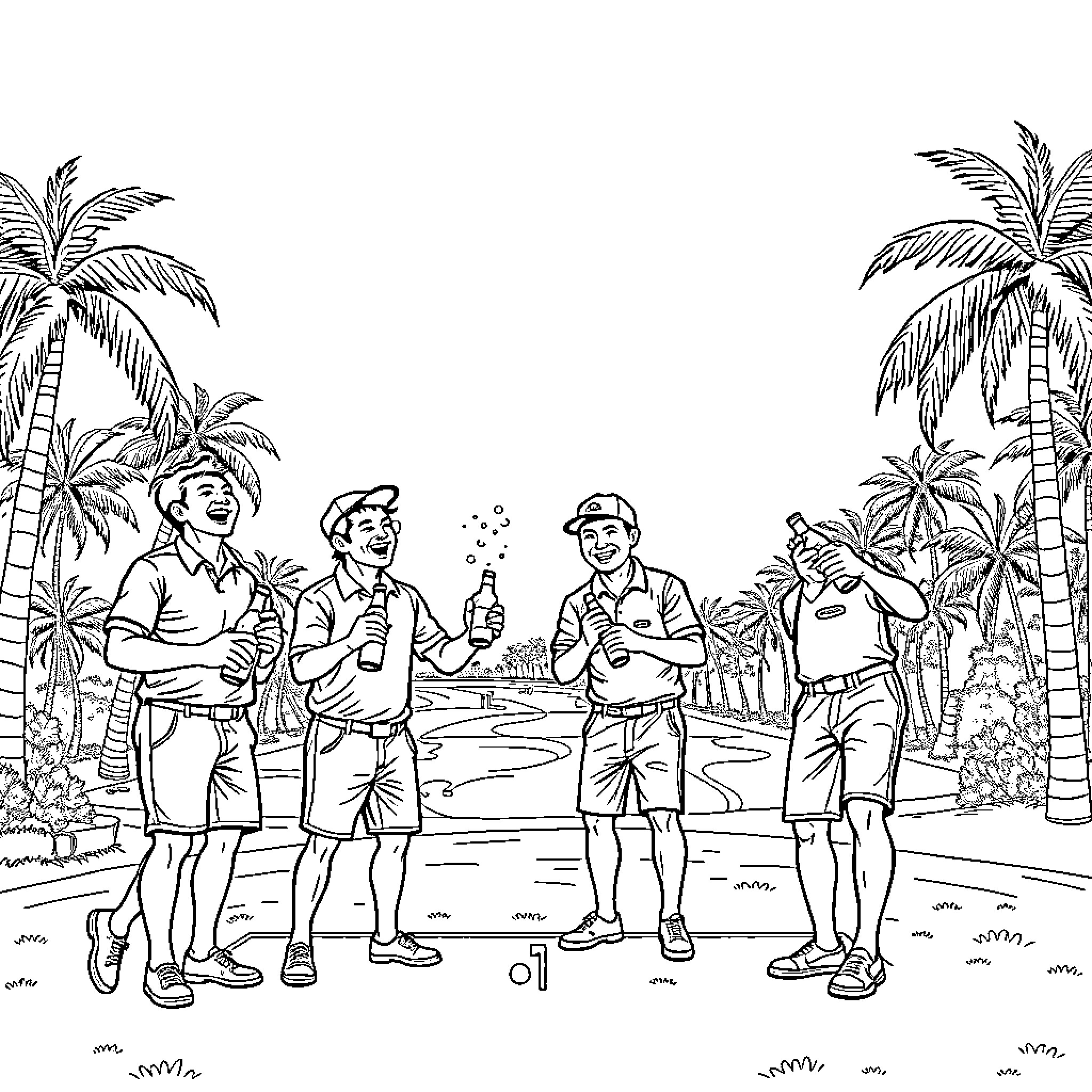 Guy friends having fun at tropical beach Coloring Page (free black-and-white line drawing printable PDF for all, from beginners to advanced learners, including children, teens, adults, and seniors)