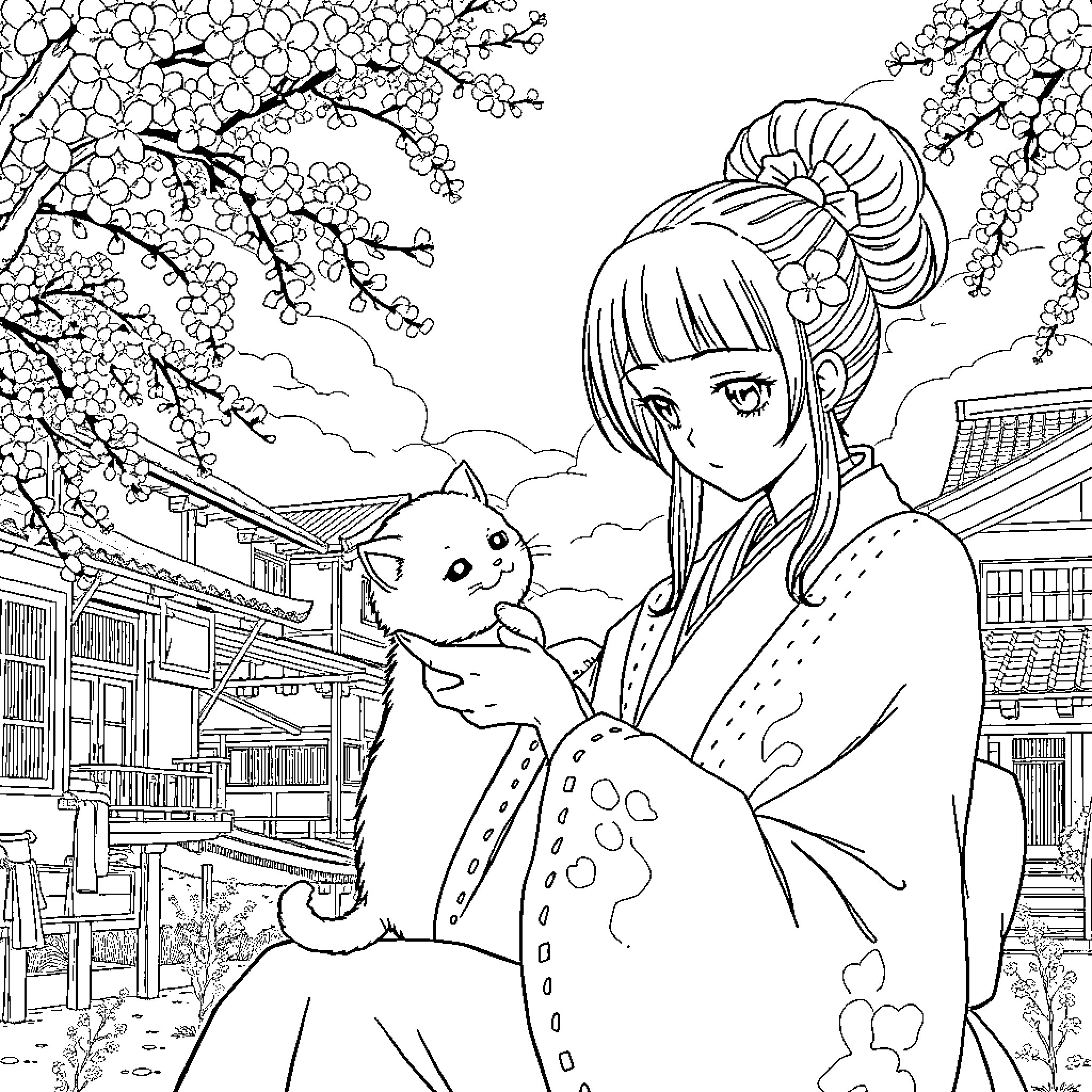 Nezuko enjoying a peaceful moment with her pet in a traditional Japanese setting Coloring Page (free black-and-white line drawing printable PDF for all, from beginners to advanced learners, including children, teens, adults, and seniors)