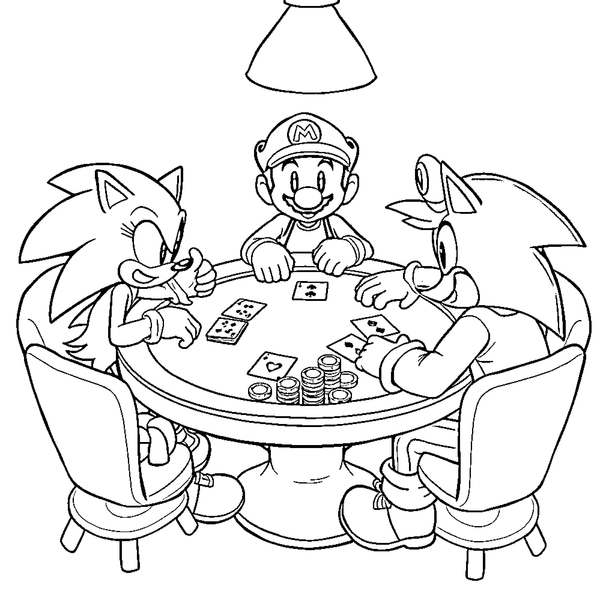 Sonic and friends playing cards at the table Coloring Page (free black-and-white line drawing printable PDF for all, from beginners to advanced learners, including children, teens, adults, and seniors)