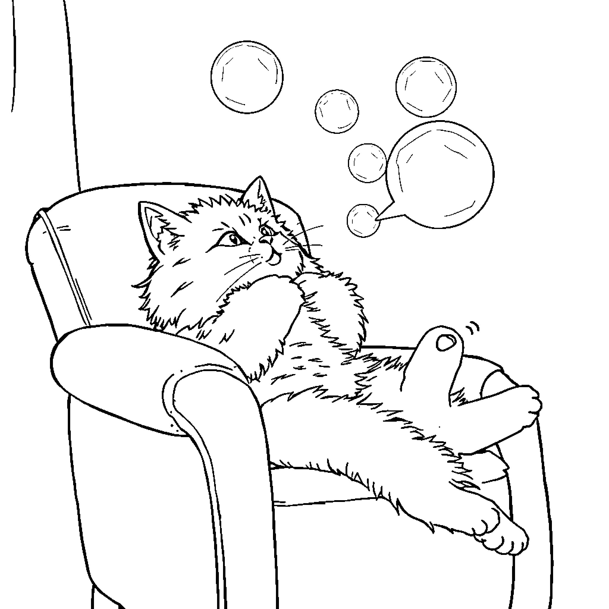 Cat relaxing with bubbles Coloring Page (free black-and-white line drawing printable PDF for all, from beginners to advanced learners, including children, teens, adults, and seniors)
