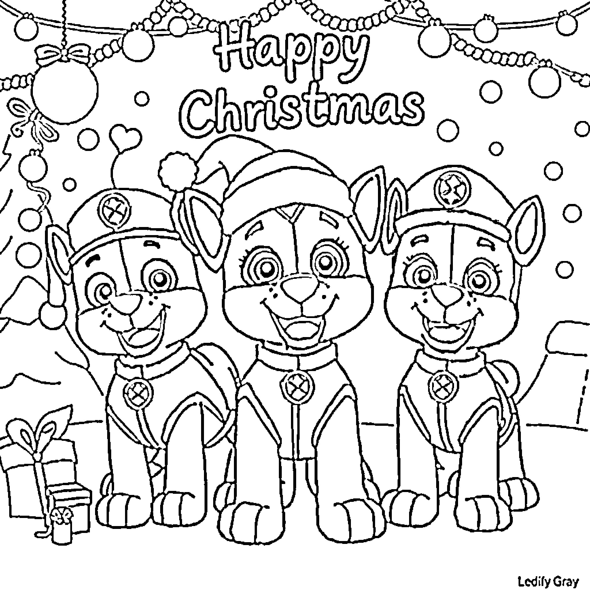 Paw Patrol Celebrating Happy Christmas Together Coloring Page (free black-and-white line drawing printable PDF for all, from beginners to advanced learners, including children, teens, adults, and seniors)