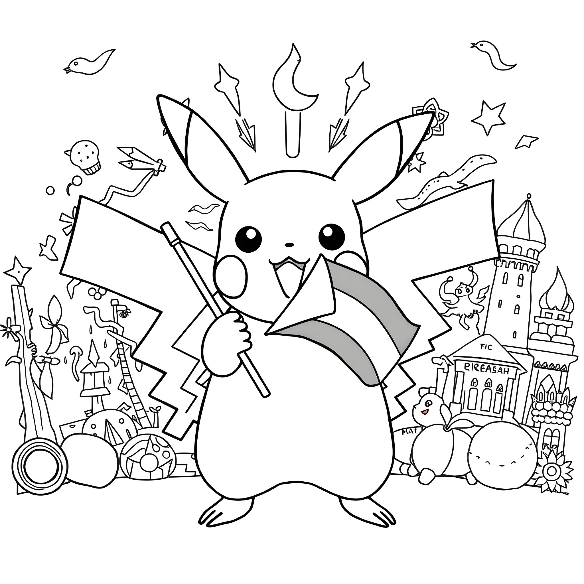 Pikachu's Fantastical Adventures in Wonderland Coloring Page (free black-and-white line drawing printable PDF for all, from beginners to advanced learners, including children, teens, adults, and seniors)