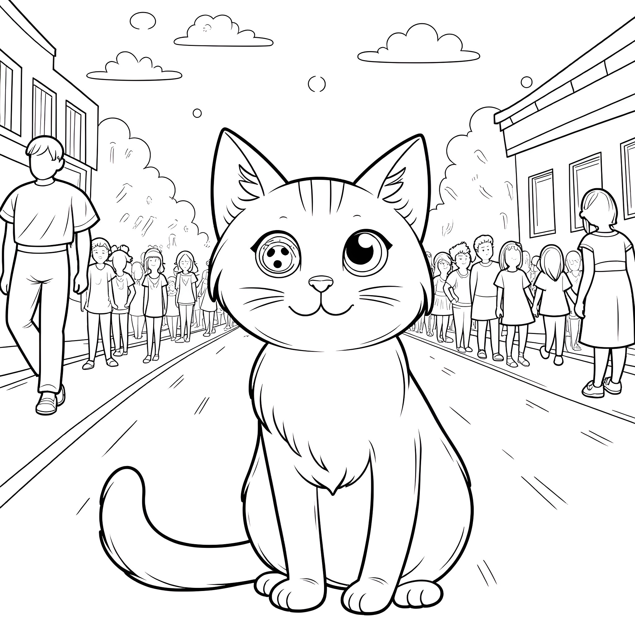 Tabby Cat Watching Crowds in the City Coloring Page (free black-and-white line drawing printable PDF for all, from beginners to advanced learners, including children, teens, adults, and seniors)