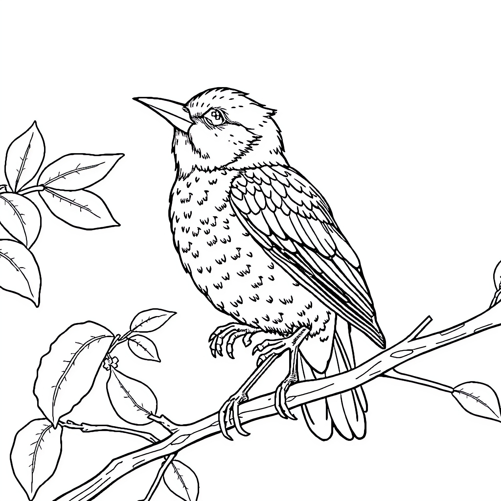 Bird perched on branch with leaves Coloring Page (free black-and-white line drawing printable PDF for all, from beginners to advanced learners, including children, teens, adults, and seniors)