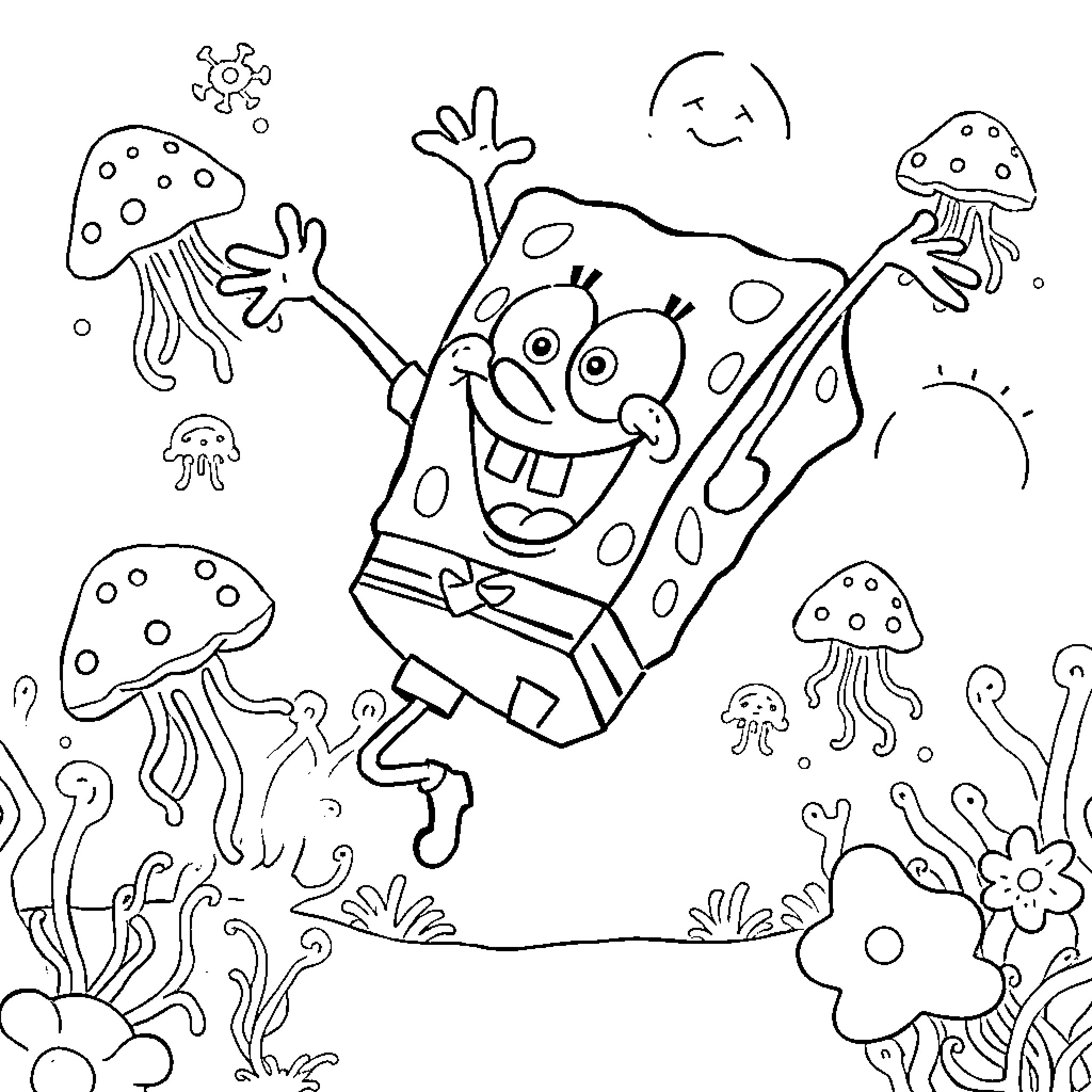 Spongebob exploring the underwater world Coloring Page (free black-and-white line drawing printable PDF for all, from beginners to advanced learners, including children, teens, adults, and seniors)