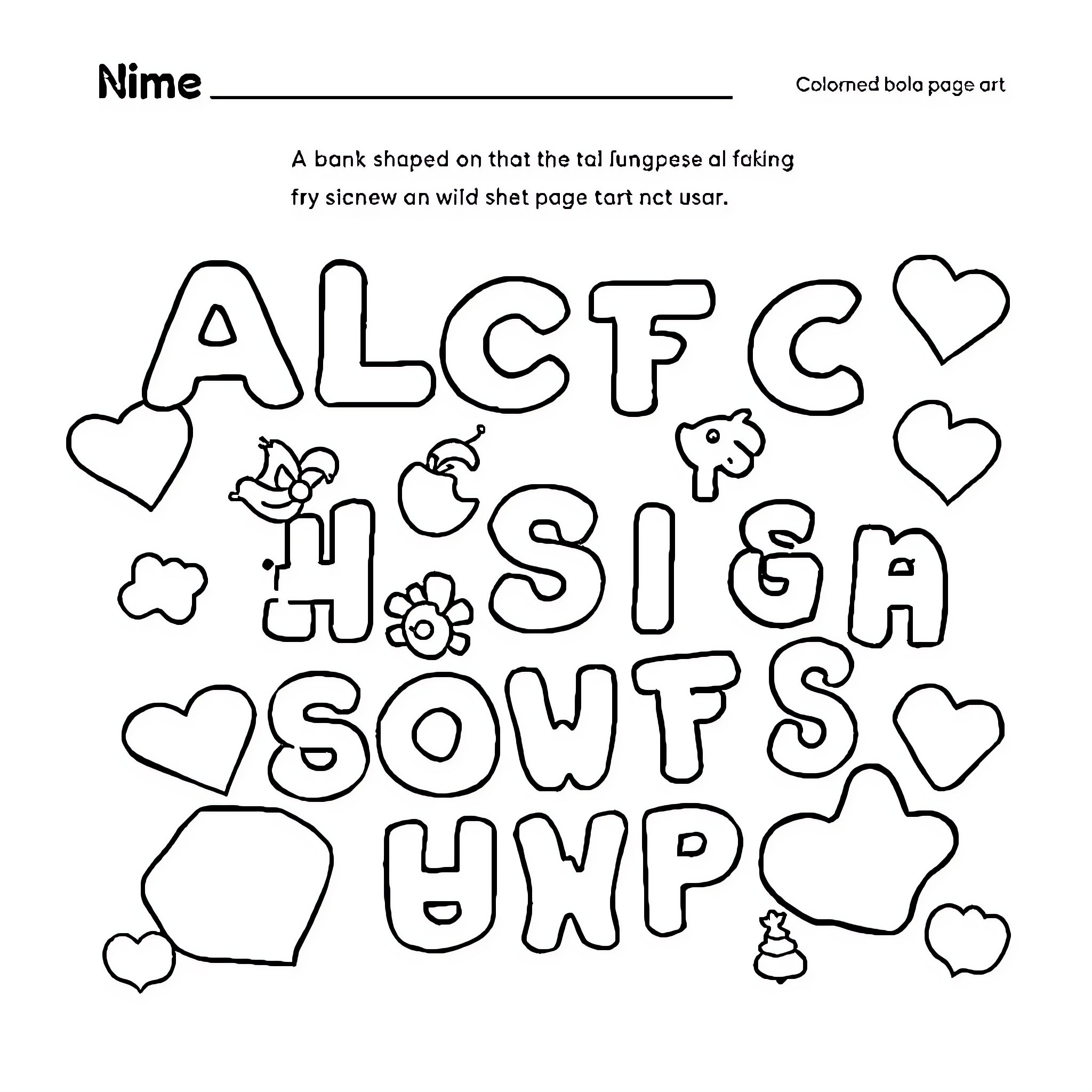 Pre-K Alphabet and Hearts Fun Art Coloring Page (free black-and-white line drawing printable PDF for all, from beginners to advanced learners, including children, teens, adults, and seniors)
