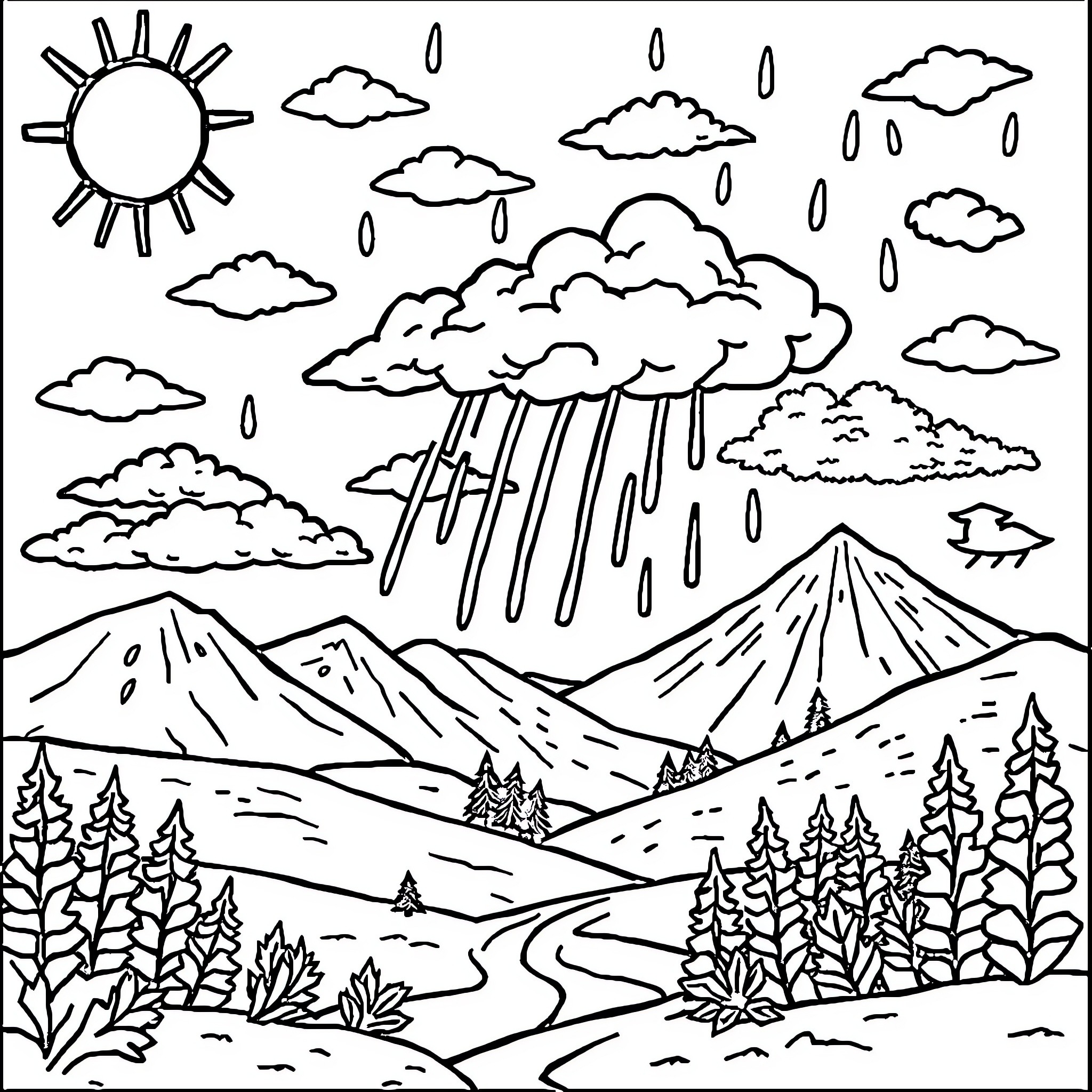 Weather Scenery with Clouds, Rain, and Mountains Coloring Page (free black-and-white line drawing printable PDF for all, from beginners to advanced learners, including children, teens, adults, and seniors)