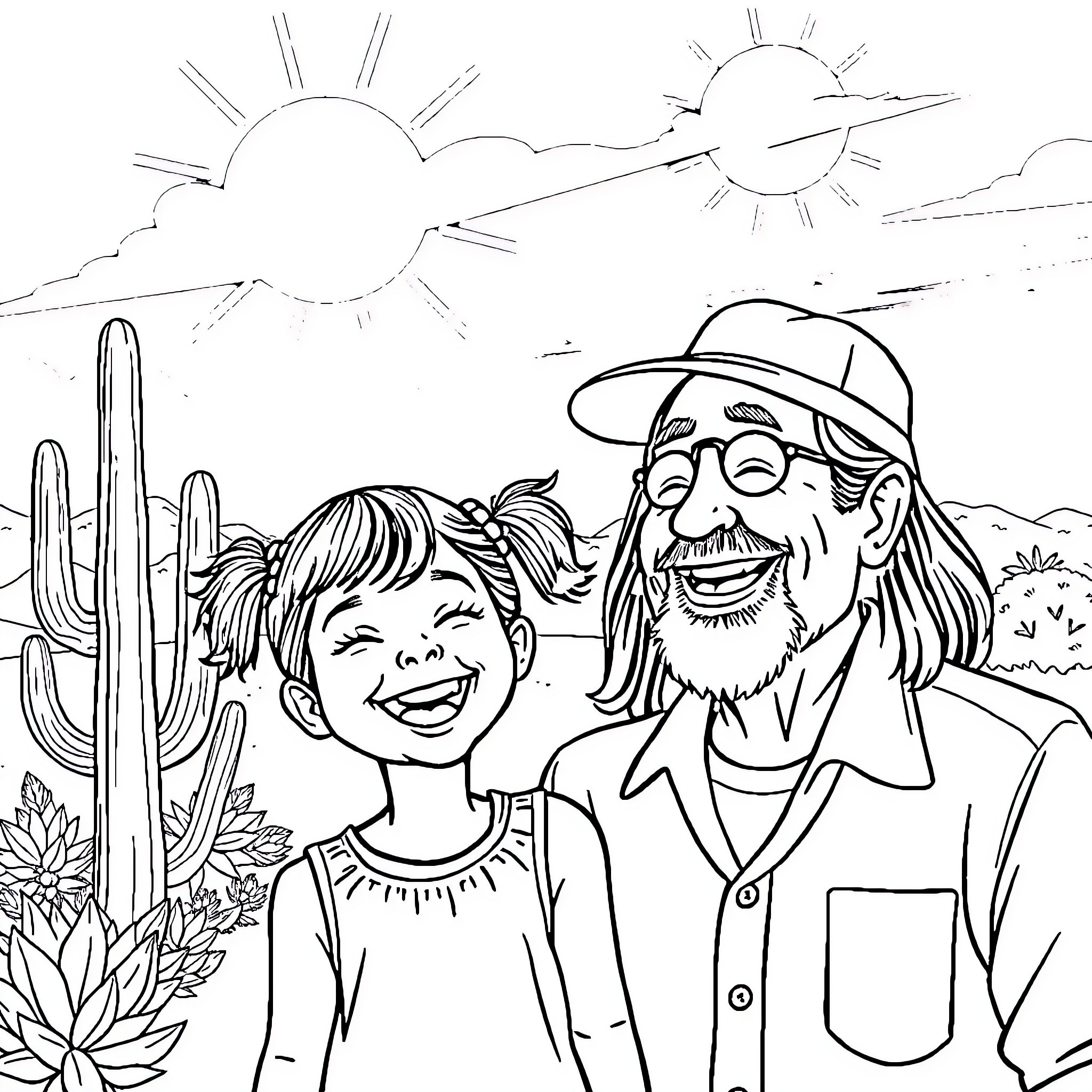 Granddaughter posing with happy grandfather in desert landscape Coloring Page (free black-and-white line drawing printable PDF for all, from beginners to advanced learners, including children, teens, adults, and seniors)