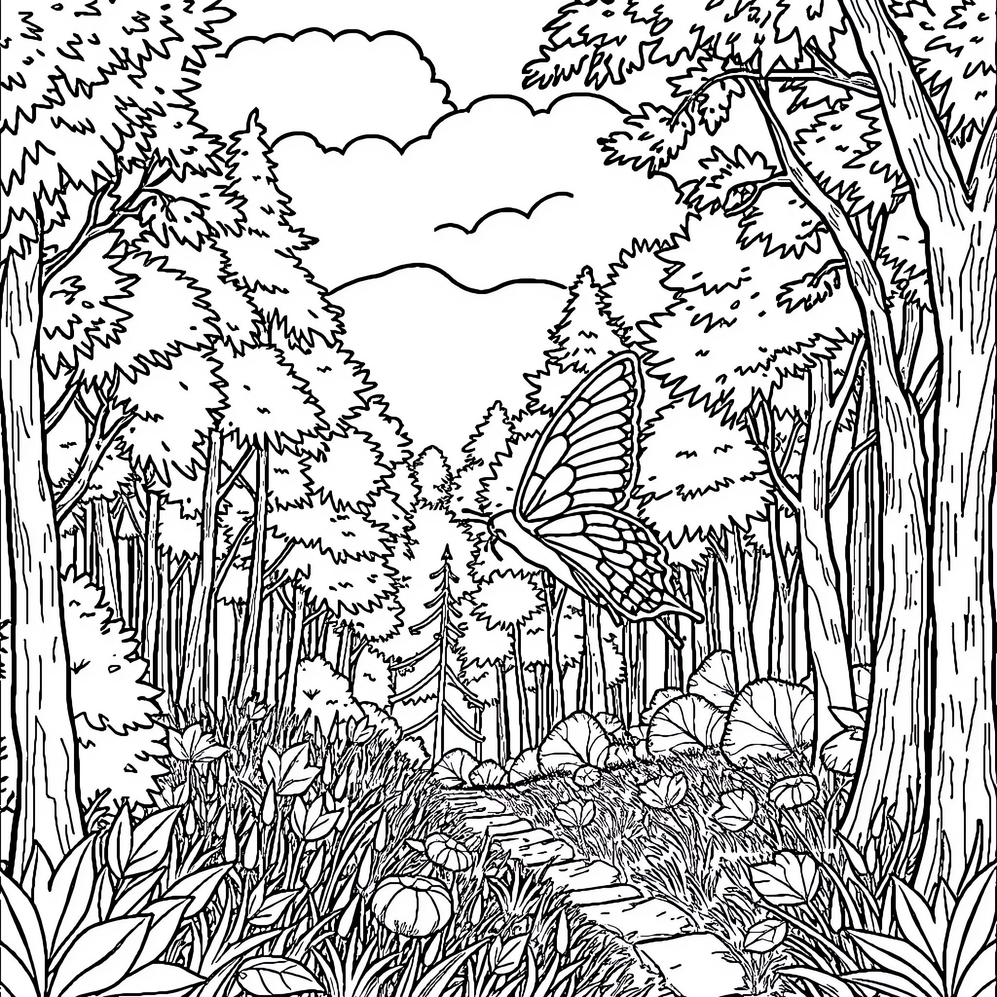 Butterfly in a Serene Forest Landscape Coloring Page (free black-and-white line drawing printable PDF for all, from beginners to advanced learners, including children, teens, adults, and seniors)