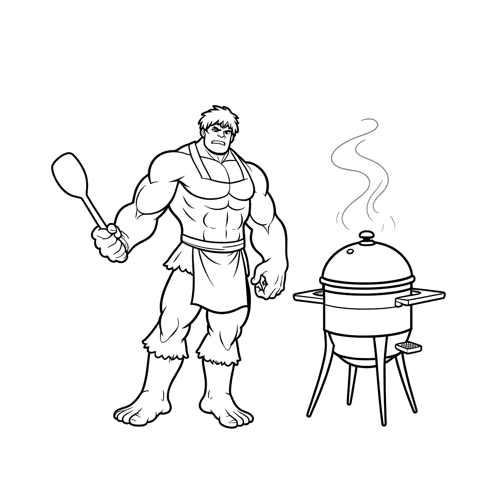 Hulk Cooking Up a Storm at the Grill Coloring Page (free black-and-white line drawing printable PDF for all, from beginners to advanced learners, including children, teens, adults, and seniors)