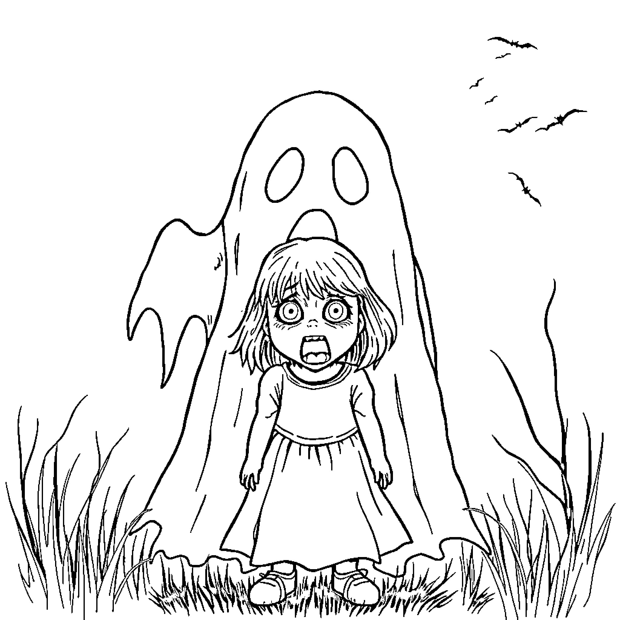 Ghost scaring surprised girl in eerie field Coloring Page (free black-and-white line drawing printable PDF for all, from beginners to advanced learners, including children, teens, adults, and seniors)