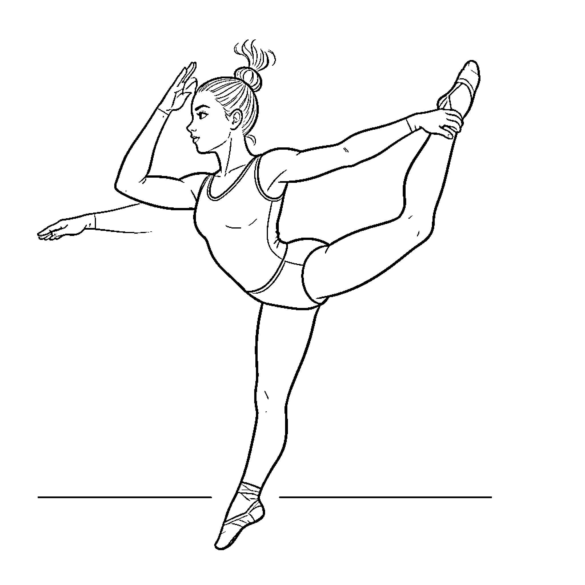 Gymnast performing an elegant ballet pose Coloring Page (free black-and-white line drawing printable PDF for all, from beginners to advanced learners, including children, teens, adults, and seniors)
