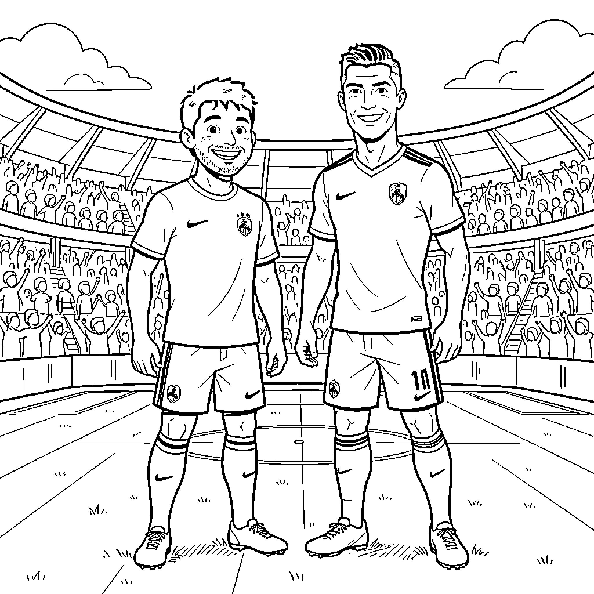 Cristiano Ronaldo smiling with a young boy in a stadium Coloring Page (free black-and-white line drawing printable PDF for all, from beginners to advanced learners, including children, teens, adults, and seniors)