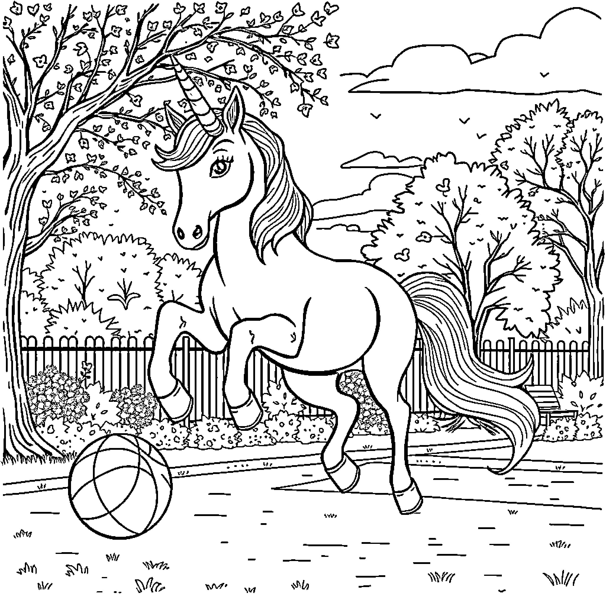 Unicorn frolicking in a magical garden Coloring Page (free black-and-white line drawing printable PDF for all, from beginners to advanced learners, including children, teens, adults, and seniors)