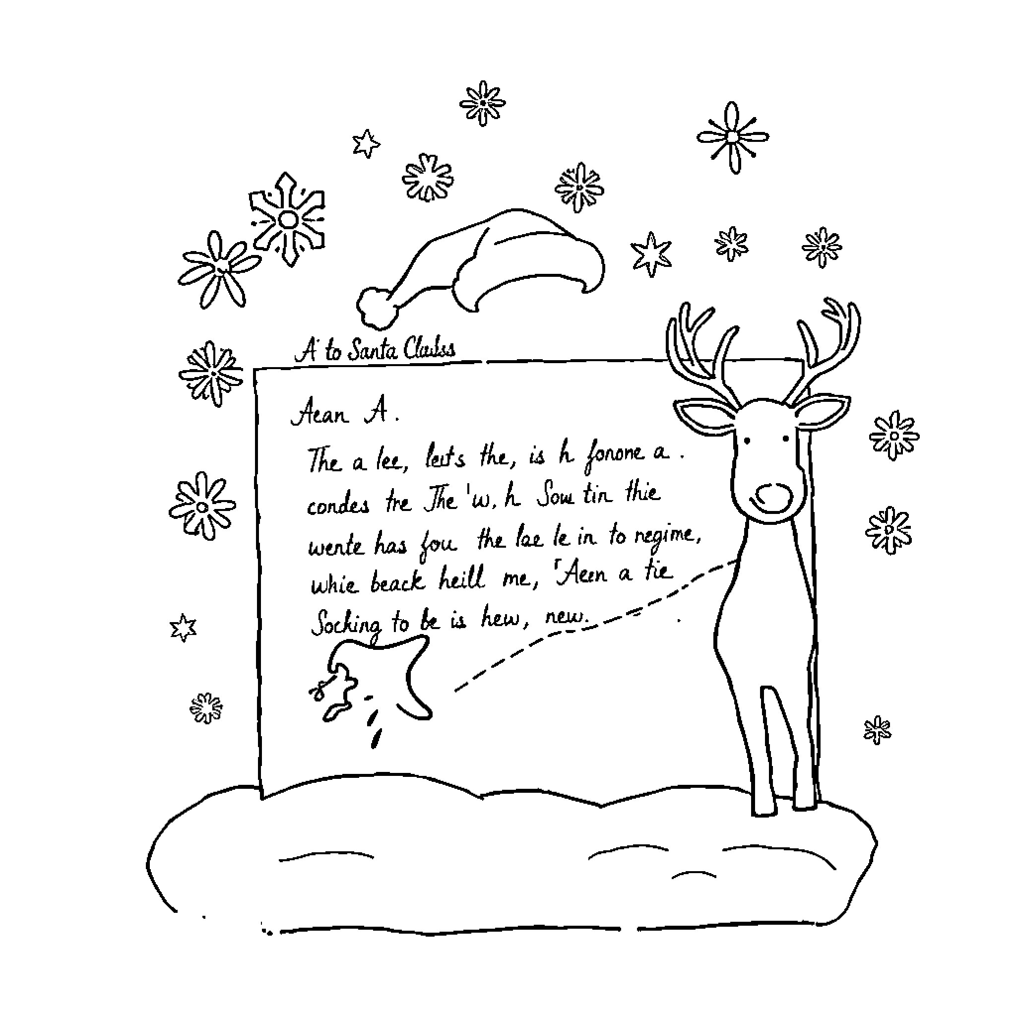 Letter to Santa Claus with Deer and Snowflakes Coloring Page (free black-and-white line drawing printable PDF for all, from beginners to advanced learners, including children, teens, adults, and seniors)