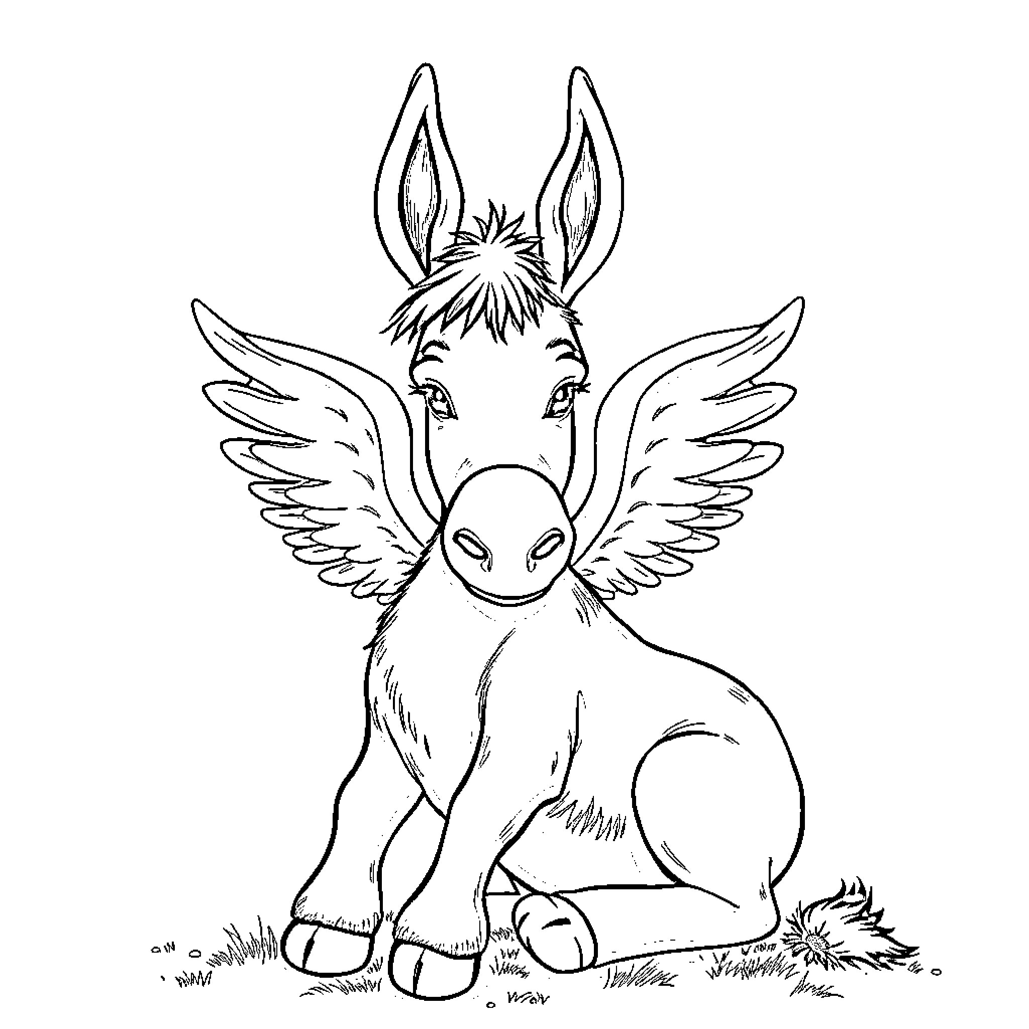 Donkey with whimsical wings relaxing in the field Coloring Page (free black-and-white line drawing printable PDF for all, from beginners to advanced learners, including children, teens, adults, and seniors)