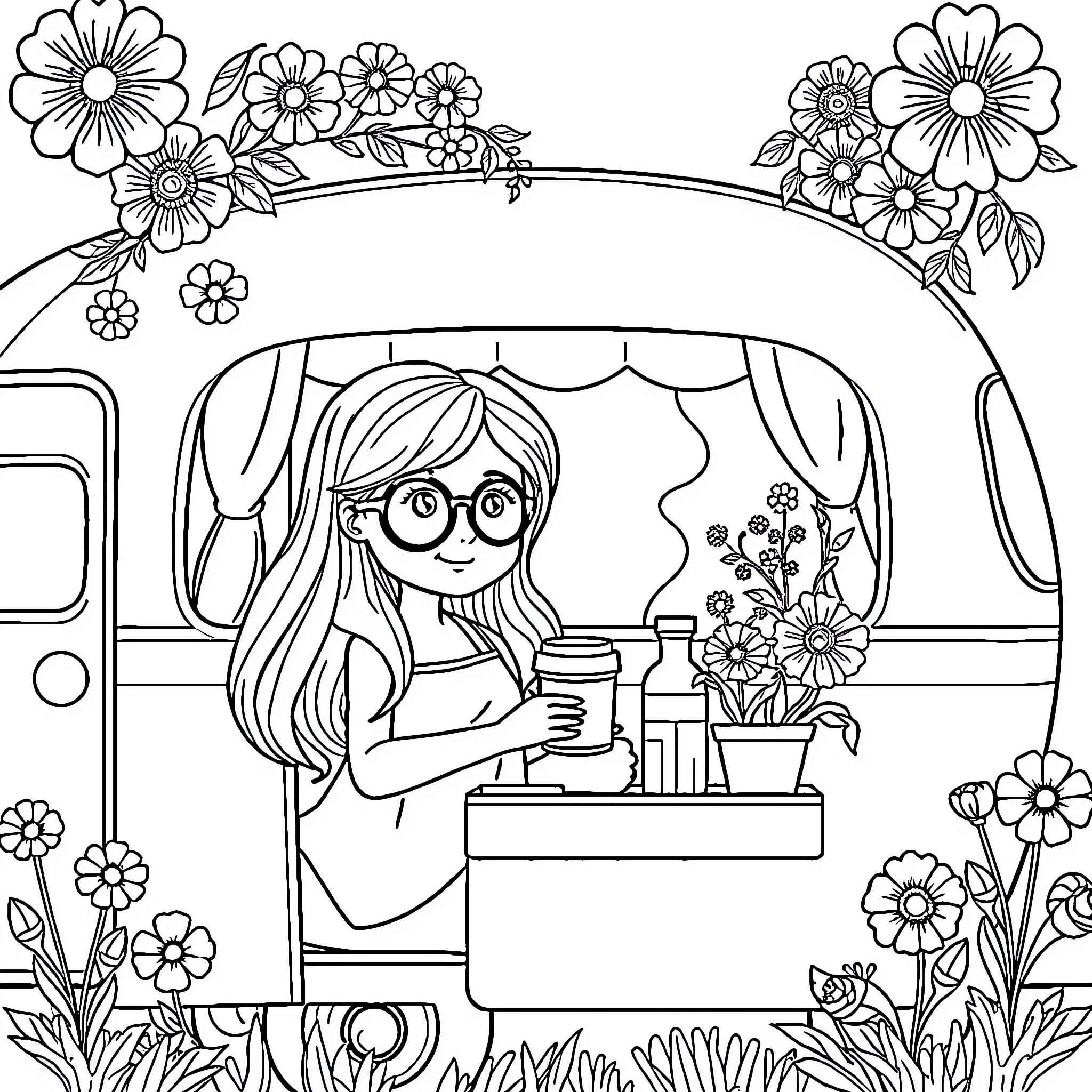 Lady in a flower-adorned campervan Coloring Page (free black-and-white line drawing printable PDF for all, from beginners to advanced learners, including children, teens, adults, and seniors)
