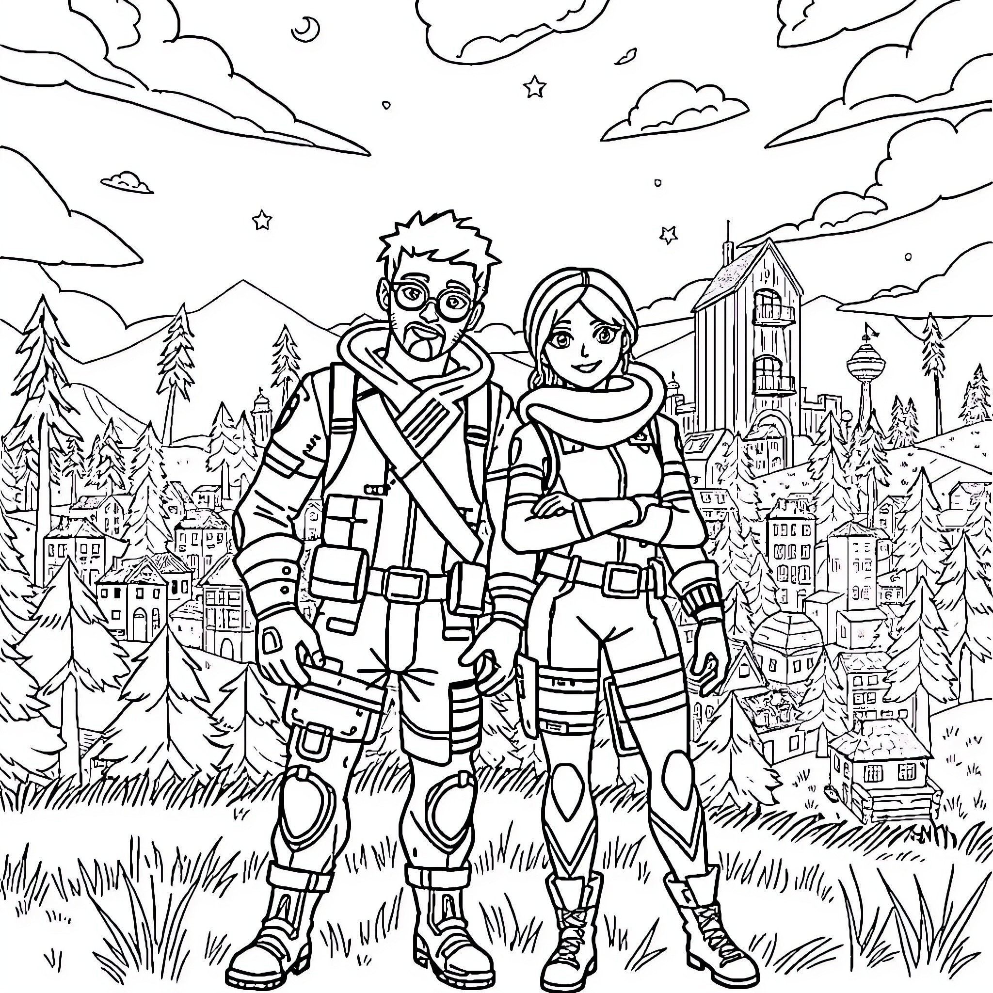 Montague's Adventurous Duo in the Wilderness Coloring Page (free black-and-white line drawing printable PDF for all, from beginners to advanced learners, including children, teens, adults, and seniors)
