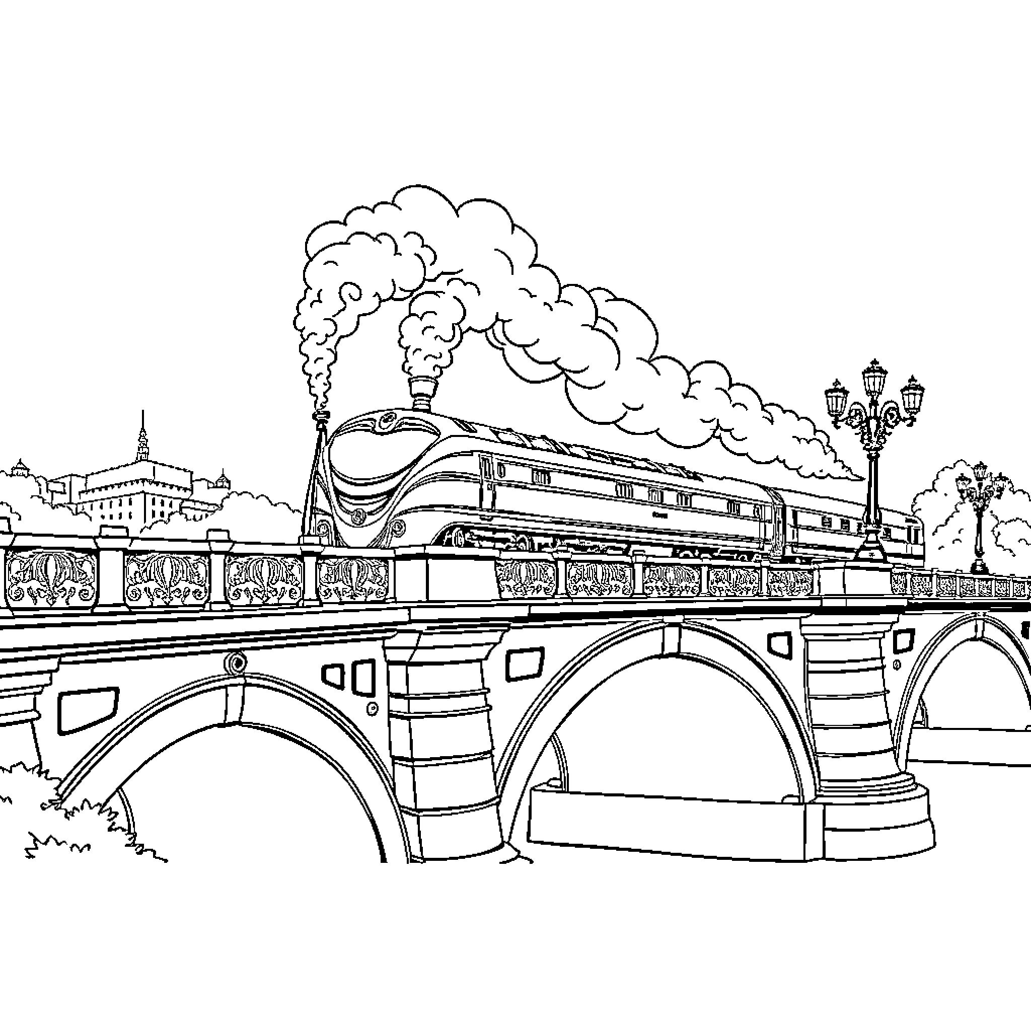 Train Speeding Over Historic Bridge Coloring Page (free black-and-white line drawing printable PDF for all, from beginners to advanced learners, including children, teens, adults, and seniors)