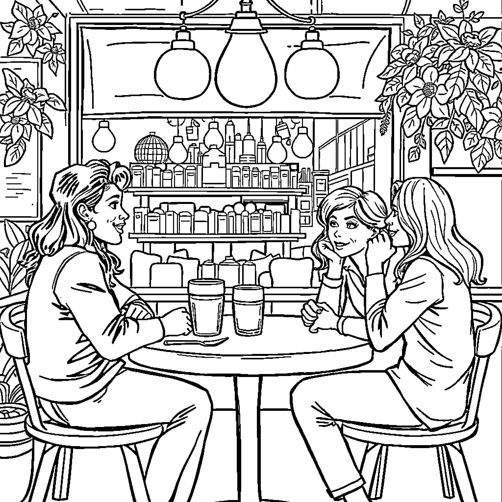 Cat Friends Sharing Drinks at a Cafe Coloring Page (free black-and-white line drawing printable PDF for all, from beginners to advanced learners, including children, teens, adults, and seniors)