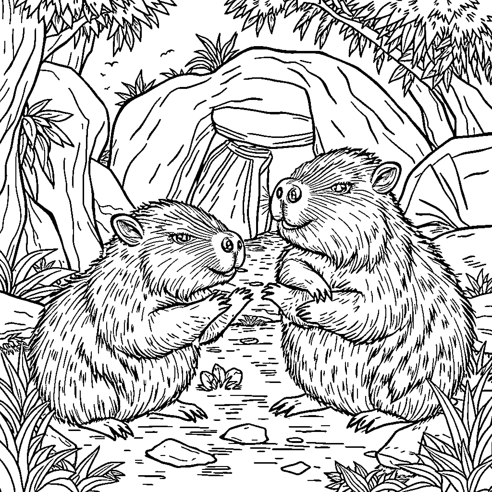 Capybara friends chatting in the forest Coloring Page (free black-and-white line drawing printable PDF for all, from beginners to advanced learners, including children, teens, adults, and seniors)