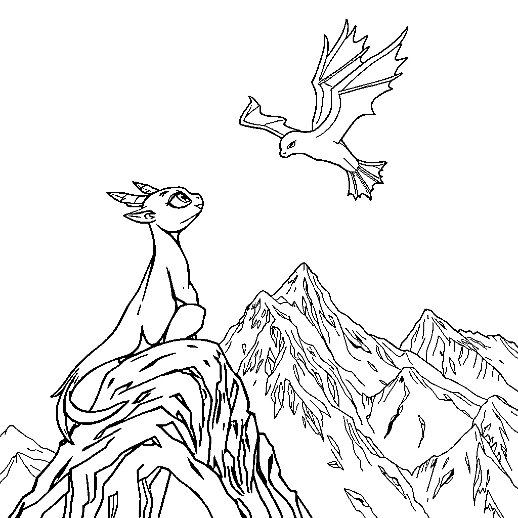 Toothless dragon soaring over rocky mountains Coloring Page (free black-and-white line drawing printable PDF for all, from beginners to advanced learners, including children, teens, adults, and seniors)