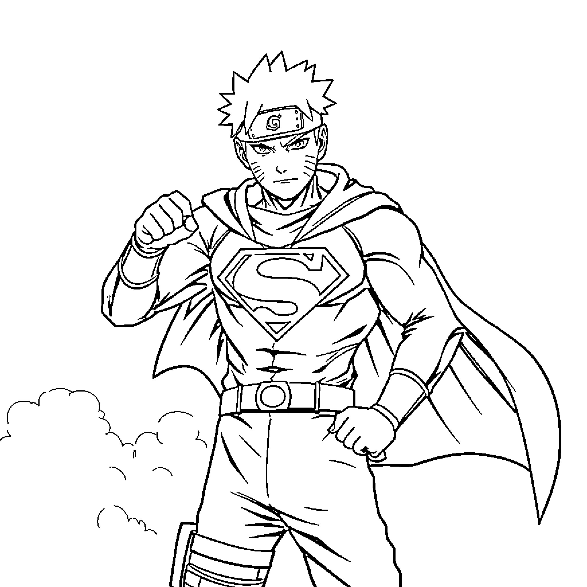 Naruto as a superhero in action Coloring Page (free black-and-white line drawing printable PDF for all, from beginners to advanced learners, including children, teens, adults, and seniors)