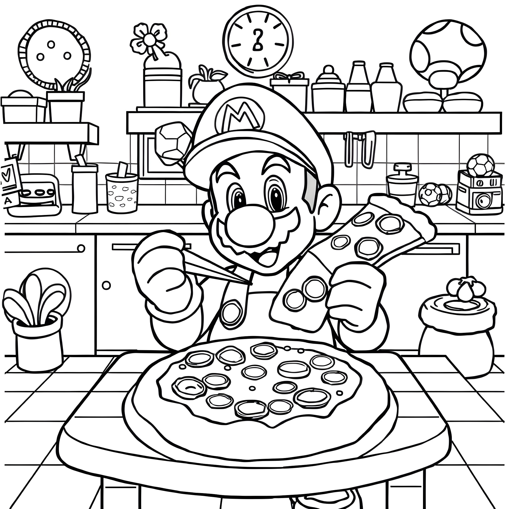 Super Mario enjoying a delicious pizza in his kitchen Coloring Page (free black-and-white line drawing printable PDF for all, from beginners to advanced learners, including children, teens, adults, and seniors)