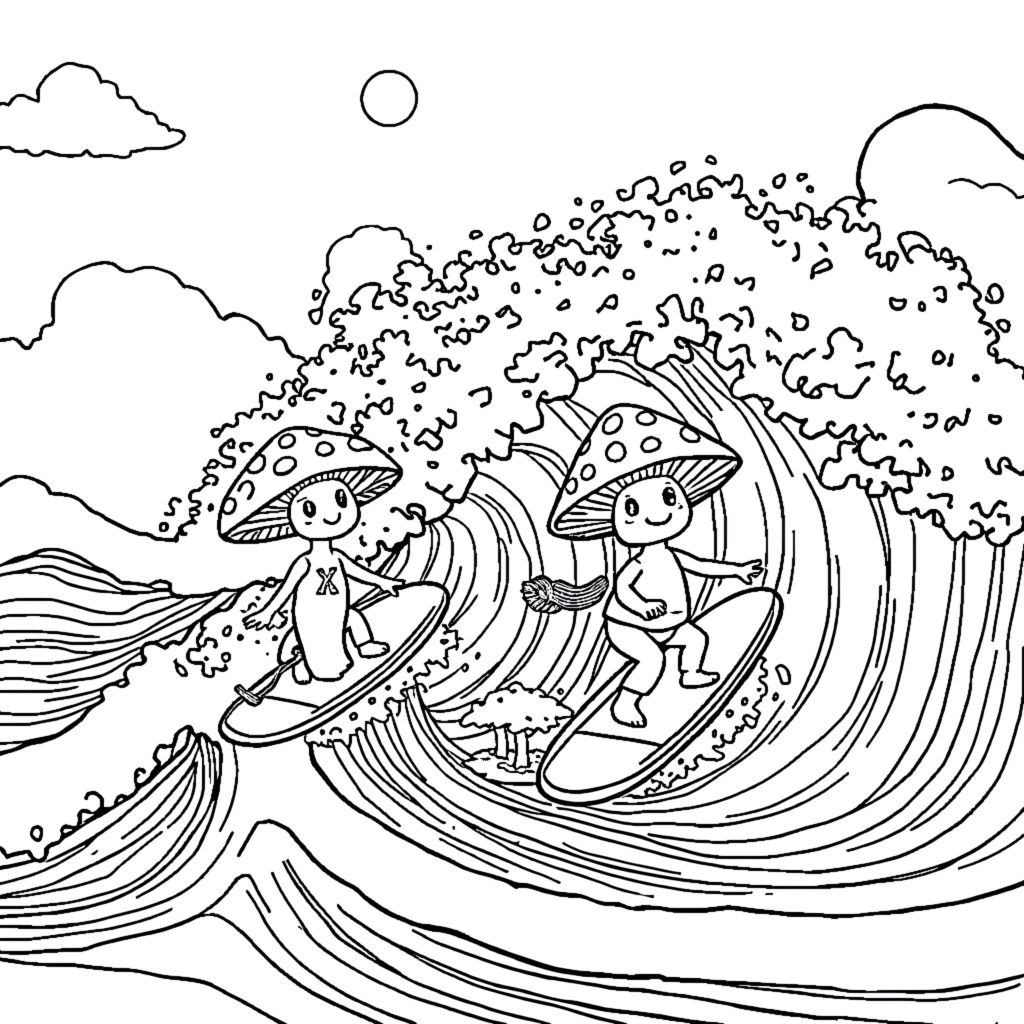 Mushroom characters surfing on waves Coloring Page (free black-and-white line drawing printable PDF for all, from beginners to advanced learners, including children, teens, adults, and seniors)