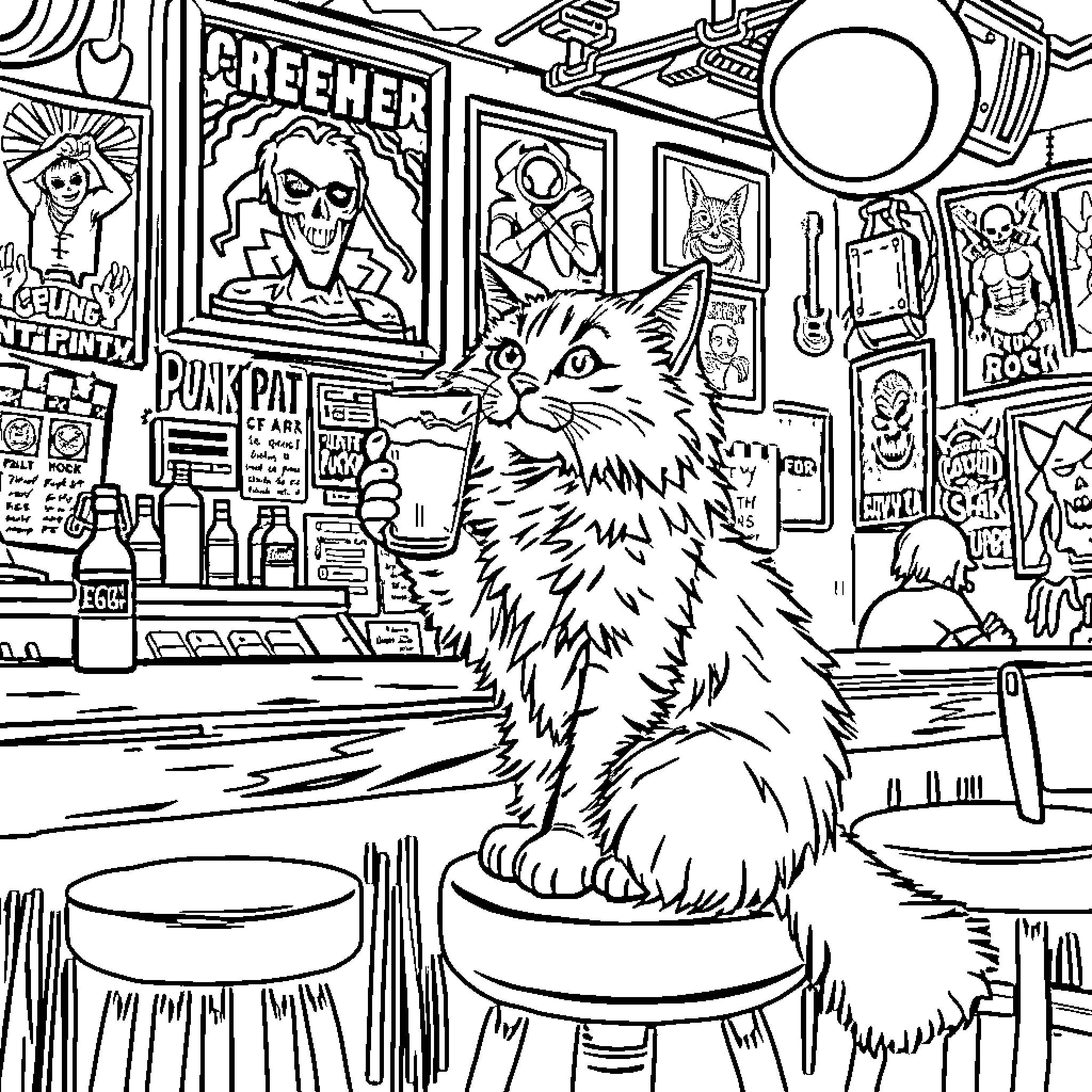 Cat chilling in a punk rock themed cafe Coloring Page (free black-and-white line drawing printable PDF for all, from beginners to advanced learners, including children, teens, adults, and seniors)