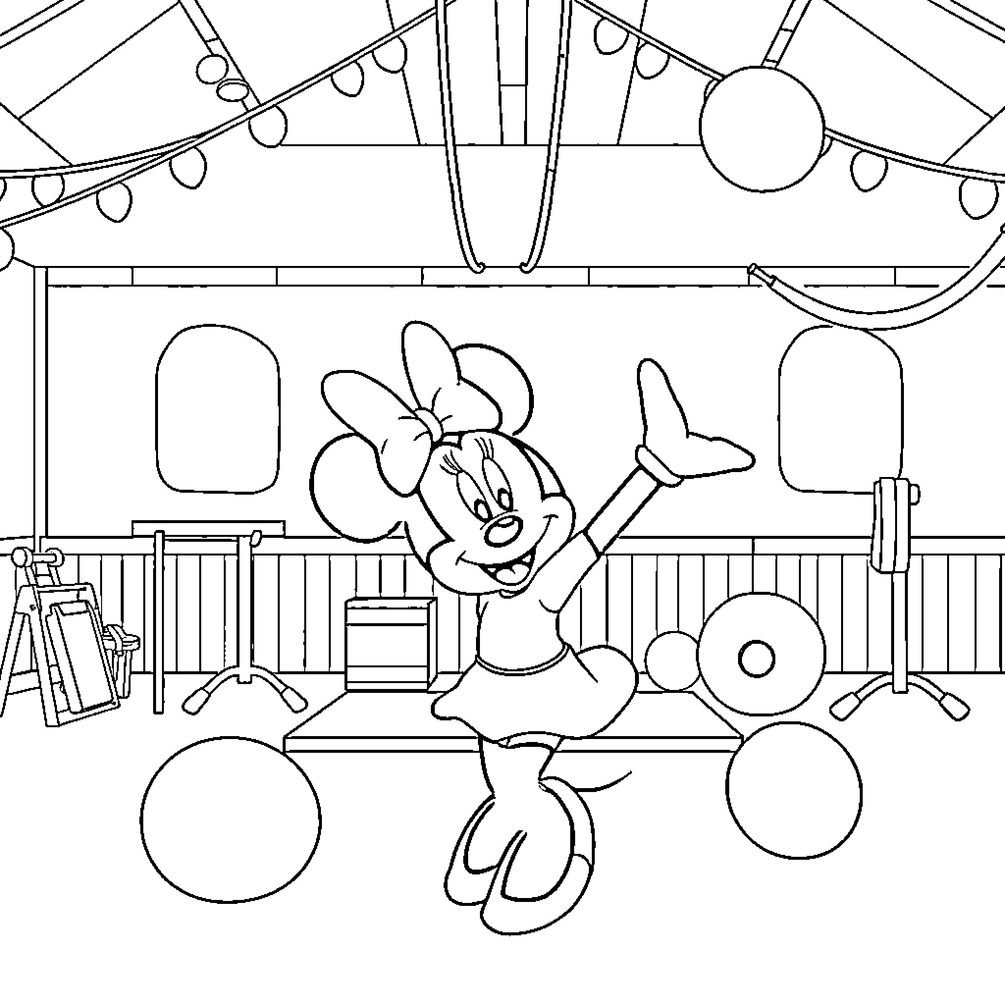 Minnie Mouse in a Musical Studio Coloring Page (free black-and-white line drawing printable PDF for all, from beginners to advanced learners, including children, teens, adults, and seniors)