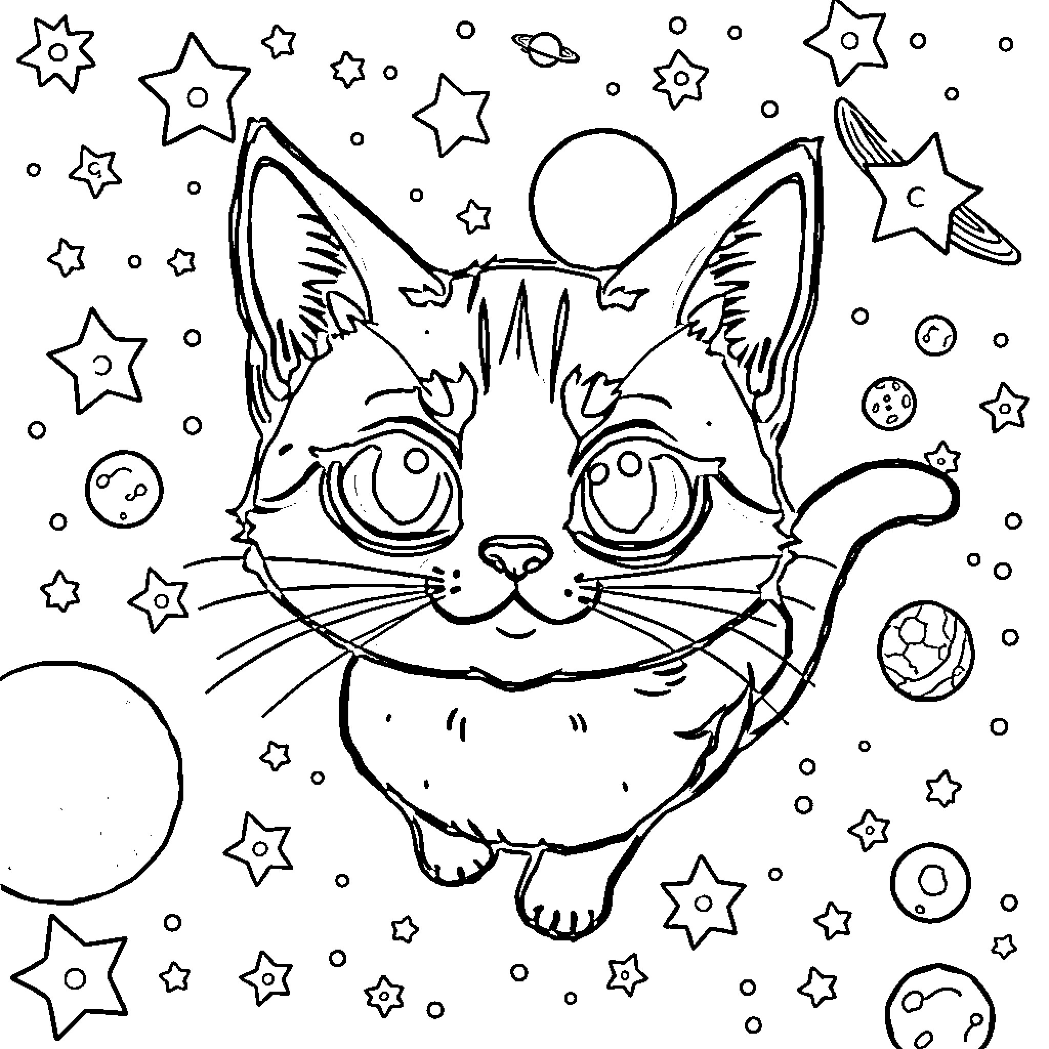 Cat gazing at the starry night sky Coloring Page (free black-and-white line drawing printable PDF for all, from beginners to advanced learners, including children, teens, adults, and seniors)