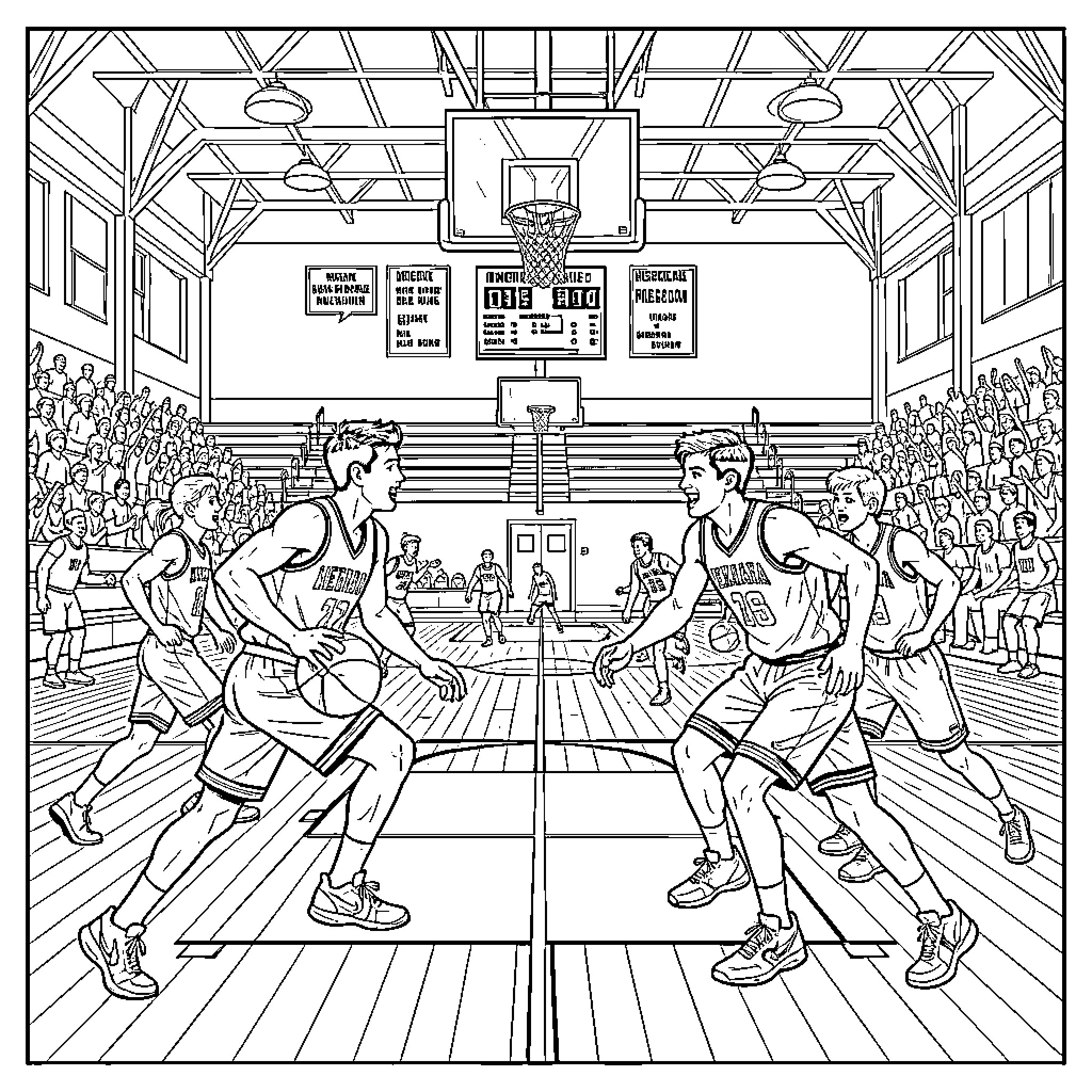 Basketball game in a crowded indoor court Coloring Page (free black-and-white line drawing printable PDF for all, from beginners to advanced learners, including children, teens, adults, and seniors)