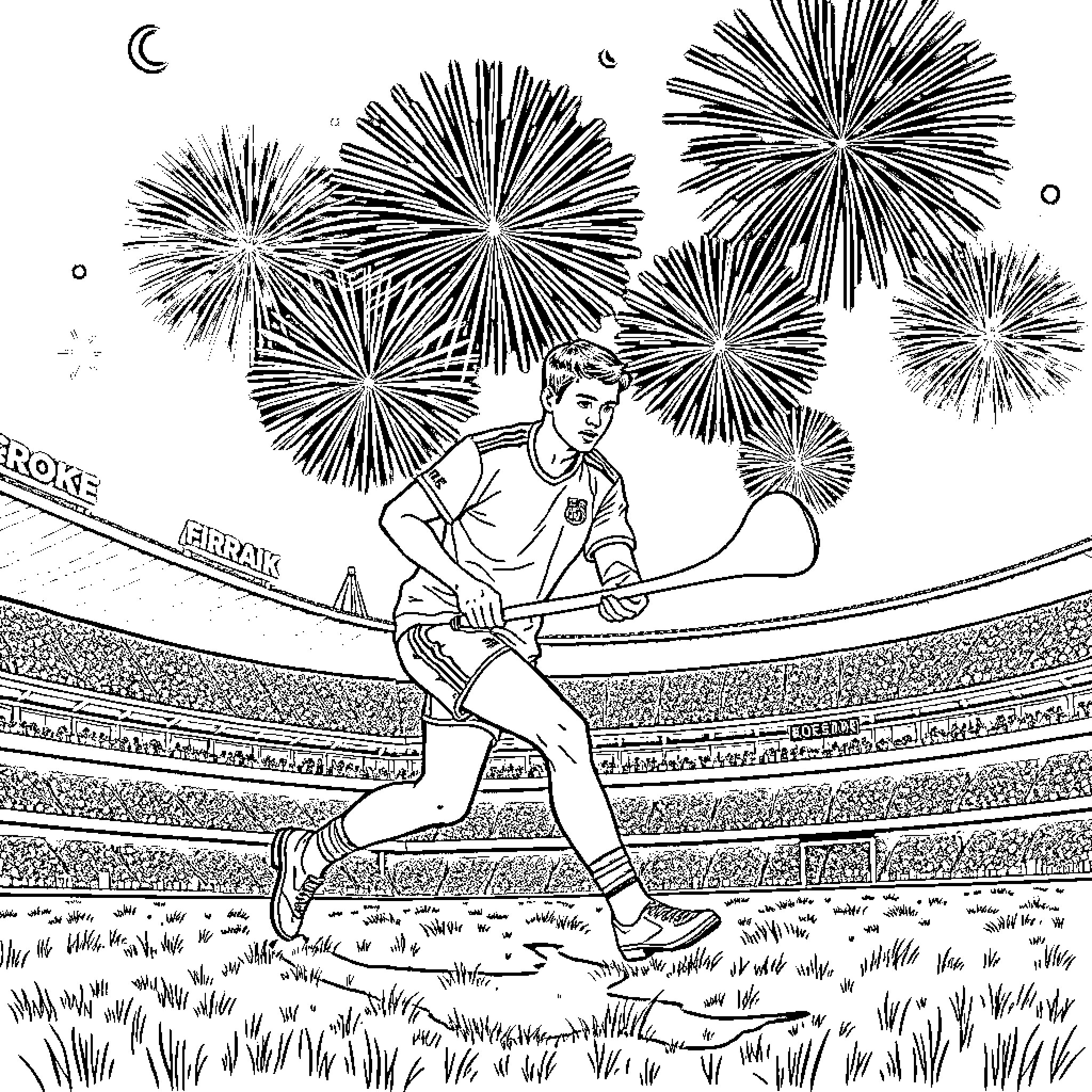 Irishman playing football under the fireworks Coloring Page (free black-and-white line drawing printable PDF for all, from beginners to advanced learners, including children, teens, adults, and seniors)
