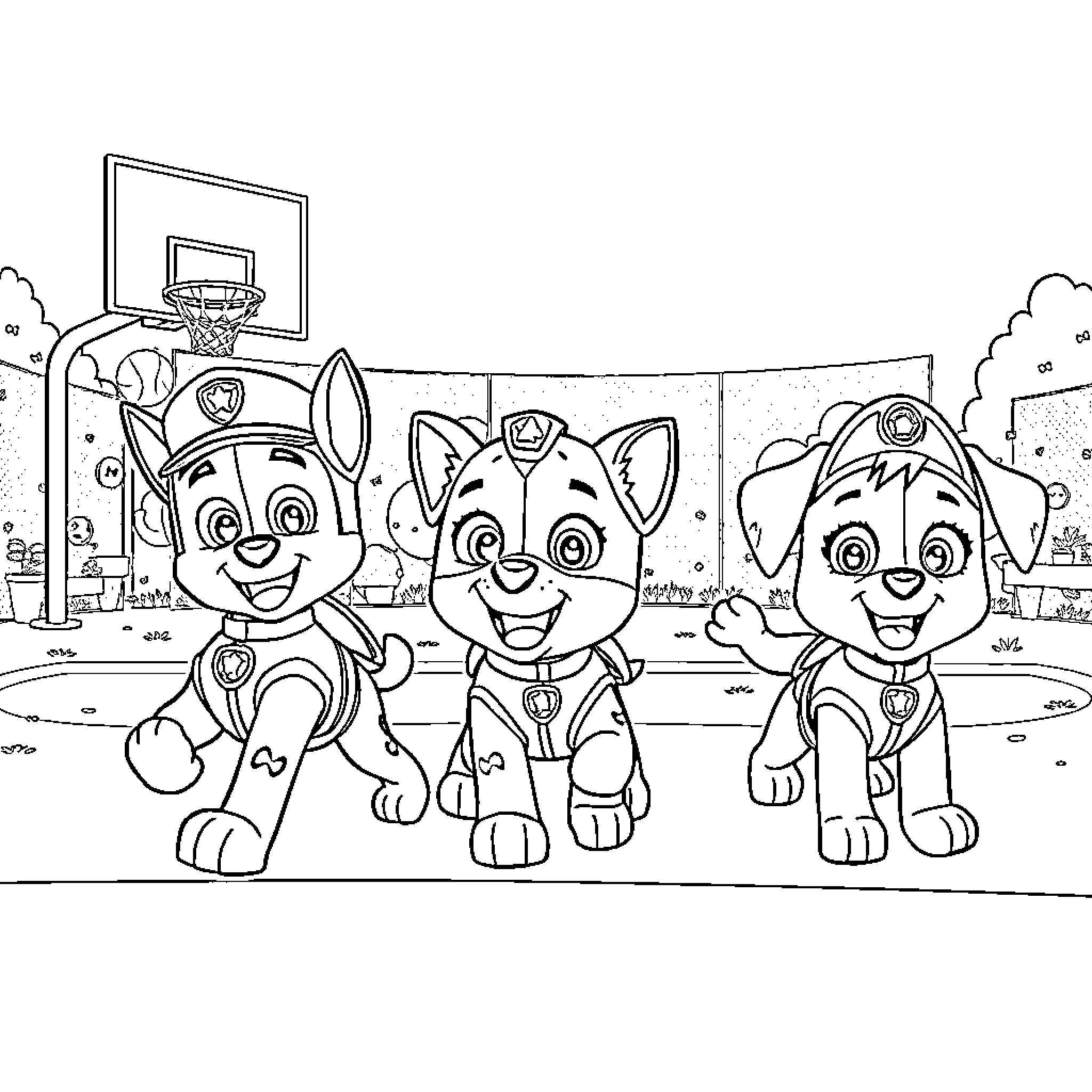 Paw Patrol pups playing basketball together Coloring Page (free black-and-white line drawing printable PDF for all, from beginners to advanced learners, including children, teens, adults, and seniors)