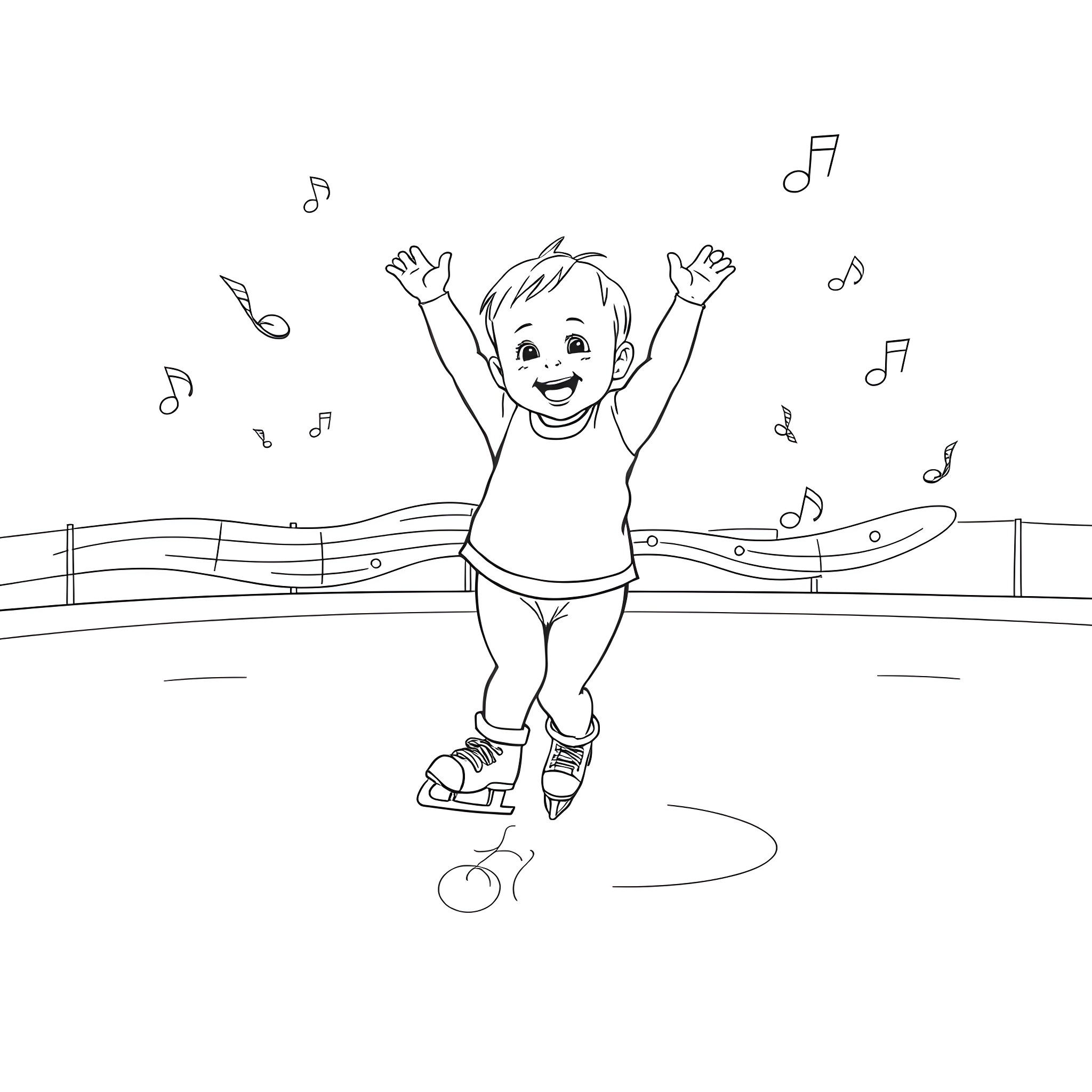 Baby dancing with joy and music notes Coloring Page (free black-and-white line drawing printable PDF for all, from beginners to advanced learners, including children, teens, adults, and seniors)