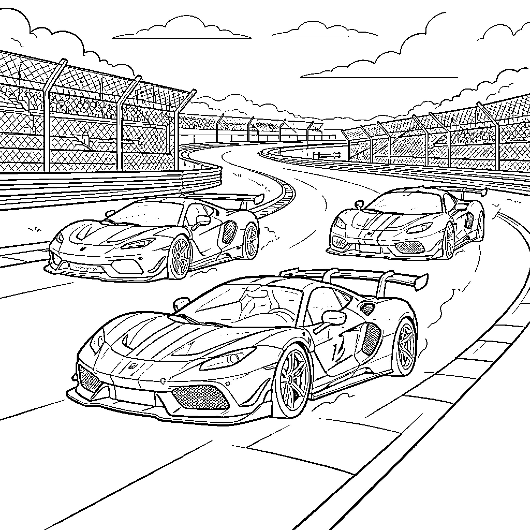Sports Car Race on Winding Track Coloring Page (free black-and-white line drawing printable PDF for all, from beginners to advanced learners, including children, teens, adults, and seniors)