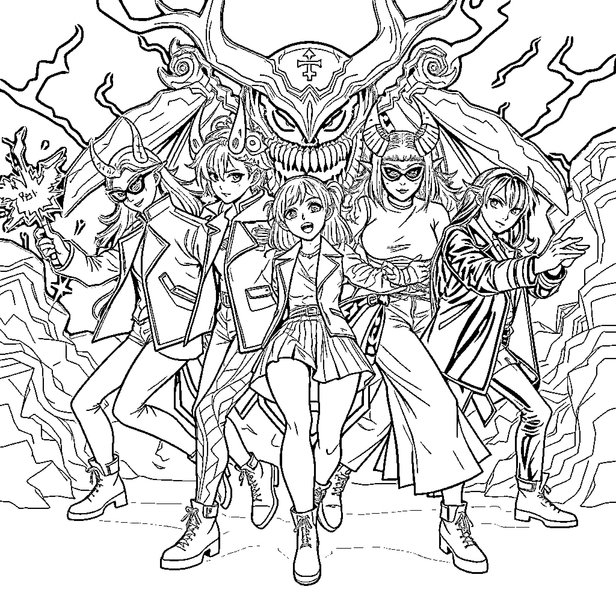 Demon Hunter Group Confronting Supernatural Threats Coloring Page (free black-and-white line drawing printable PDF for all, from beginners to advanced learners, including children, teens, adults, and seniors)
