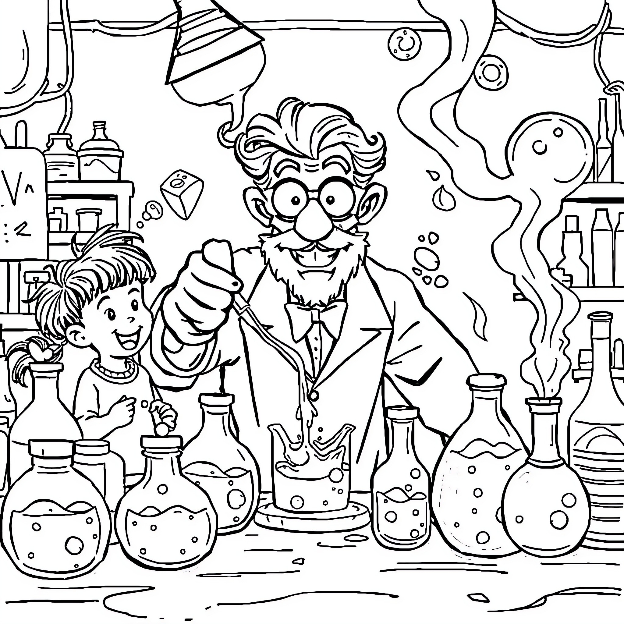 Scientist conducting experiments in a laboratory Coloring Page (free black-and-white line drawing printable PDF for all, from beginners to advanced learners, including children, teens, adults, and seniors)