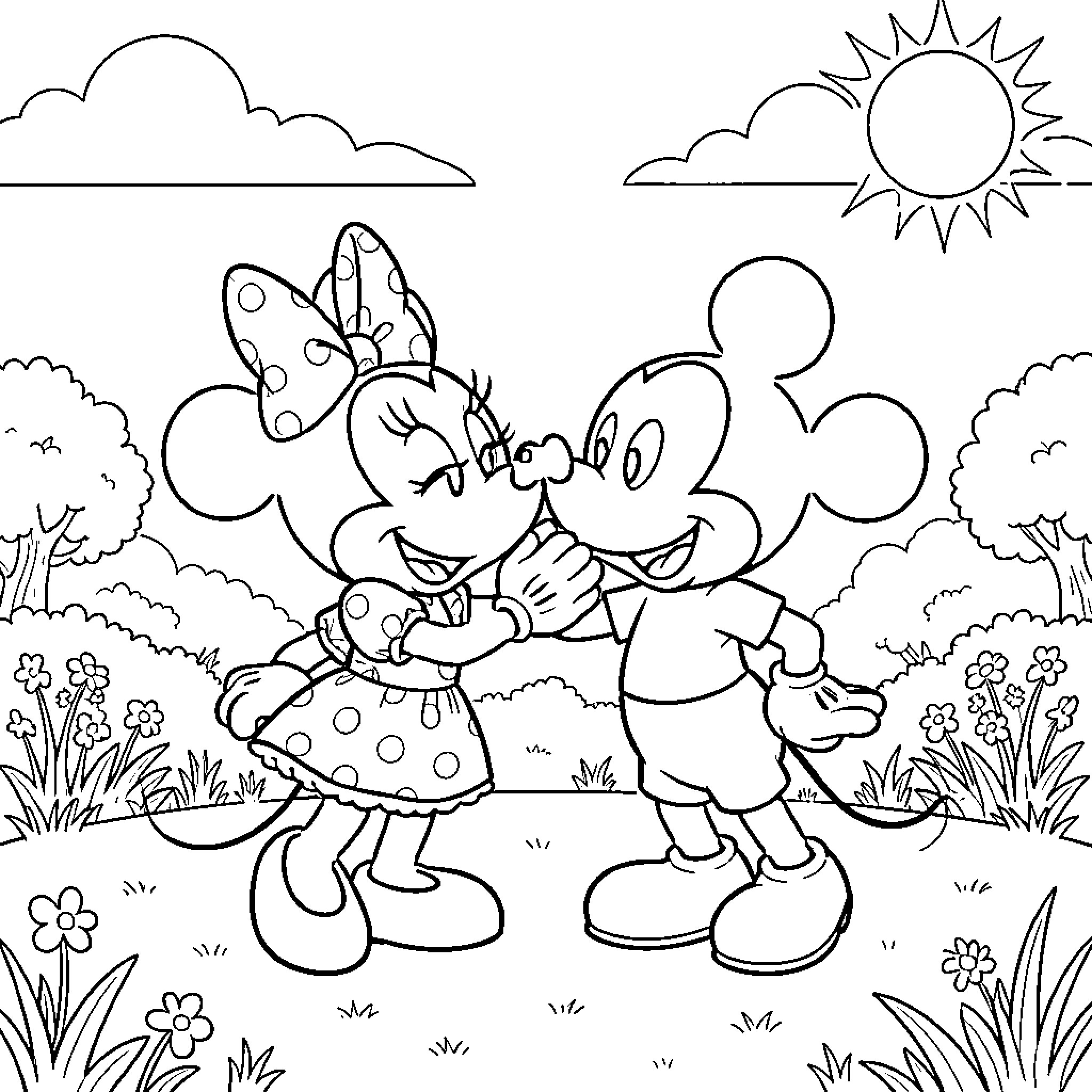 Minnie and Mickey's Joyful Outdoor Adventure Coloring Page (free black-and-white line drawing printable PDF for all, from beginners to advanced learners, including children, teens, adults, and seniors)