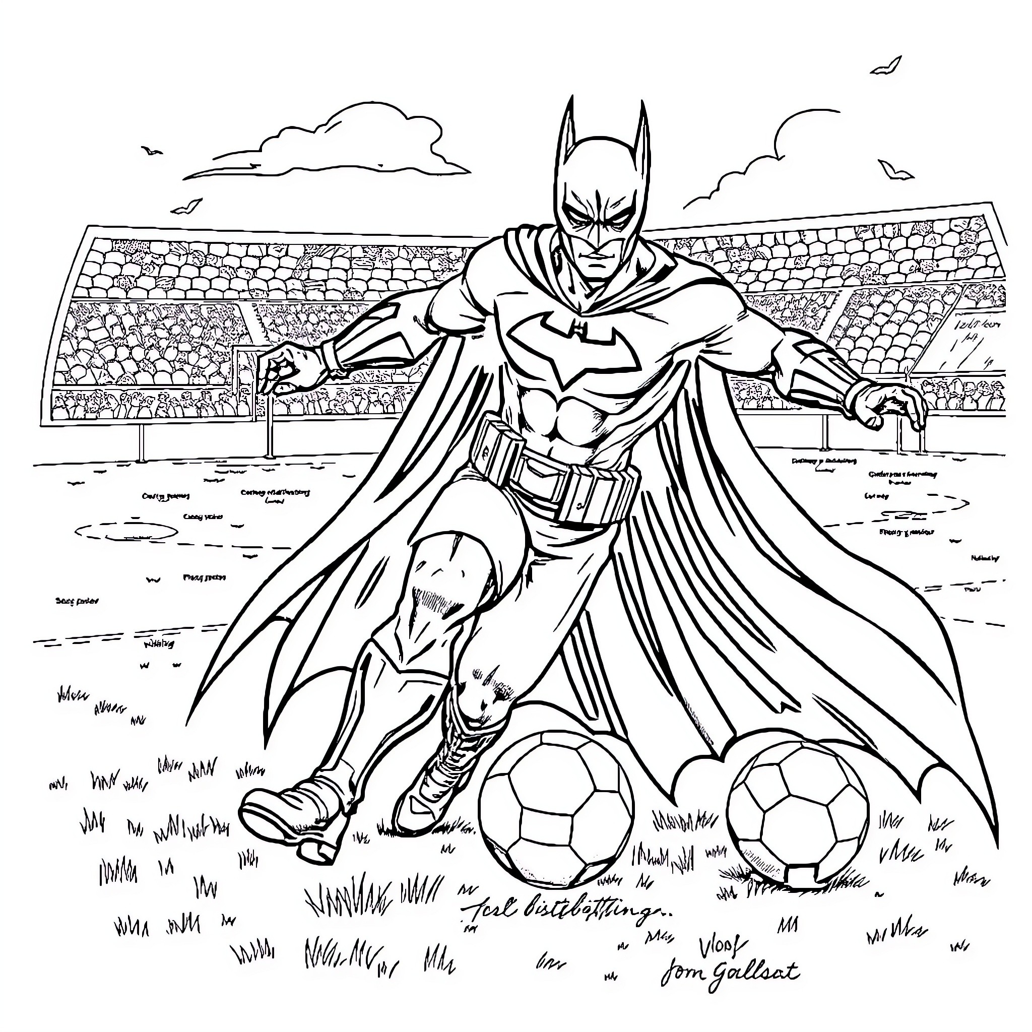 Batman playing soccer in the stadium Coloring Page (free black-and-white line drawing printable PDF for all, from beginners to advanced learners, including children, teens, adults, and seniors)