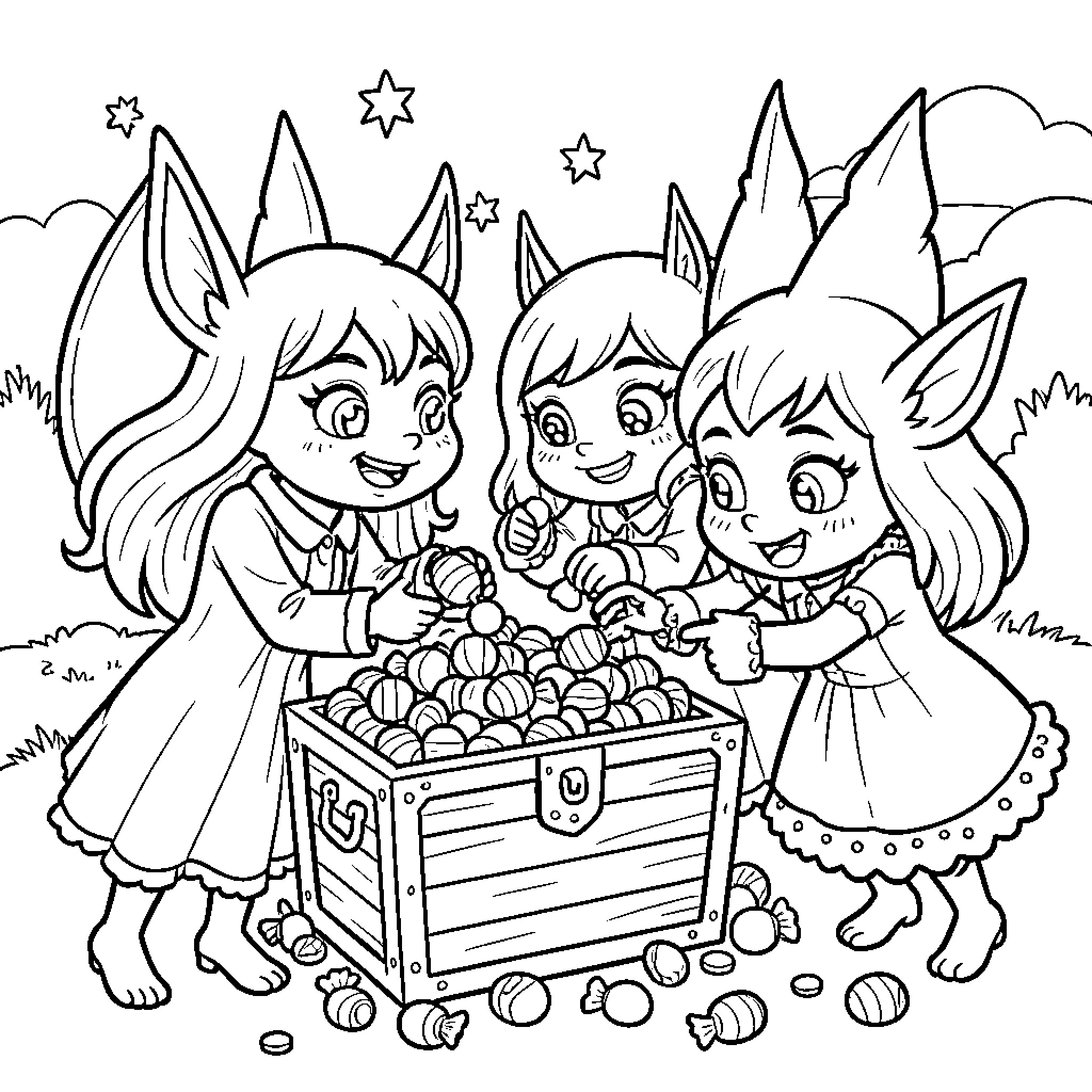 Sirens happily gathering treats from a wooden chest Coloring Page (free black-and-white line drawing printable PDF for all, from beginners to advanced learners, including children, teens, adults, and seniors)