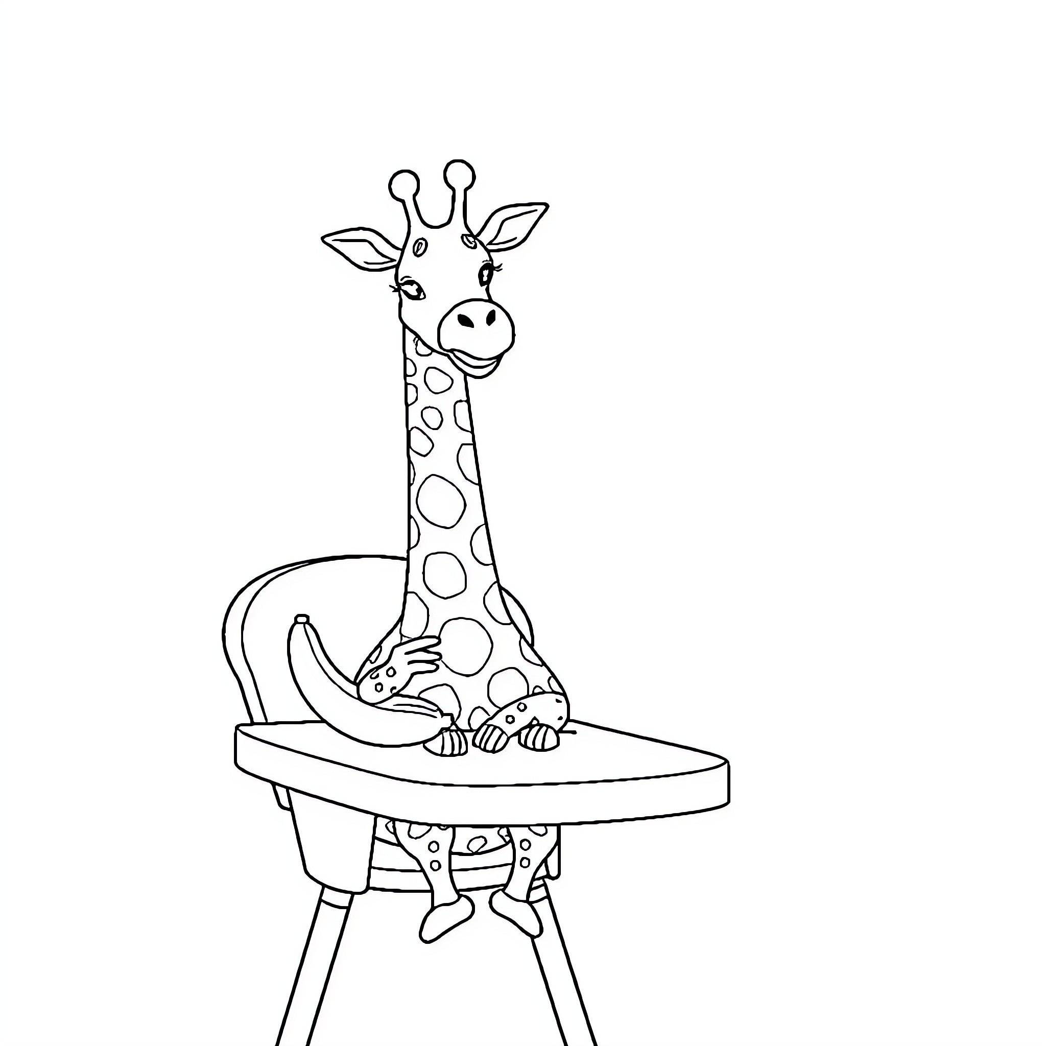 Giraffe sitting in highchair Coloring Page (free black-and-white line drawing printable PDF for all, from beginners to advanced learners, including children, teens, adults, and seniors)