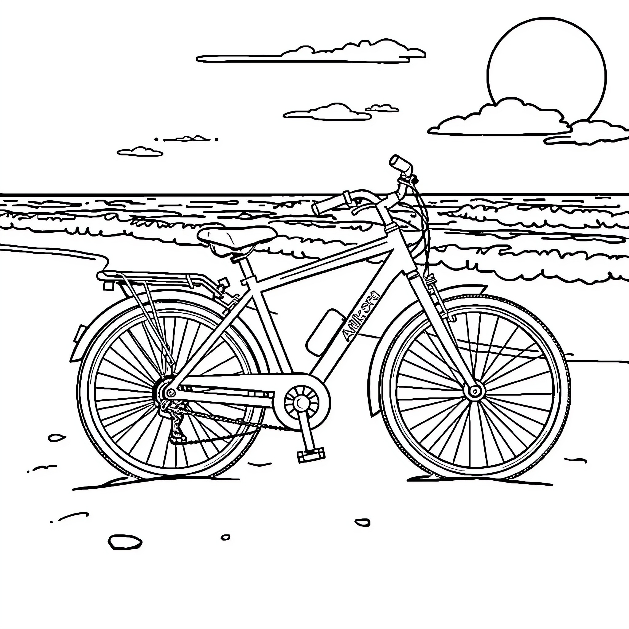 Bicycle by the ocean with clouds and sun Coloring Page (free black-and-white line drawing printable PDF for all, from beginners to advanced learners, including children, teens, adults, and seniors)