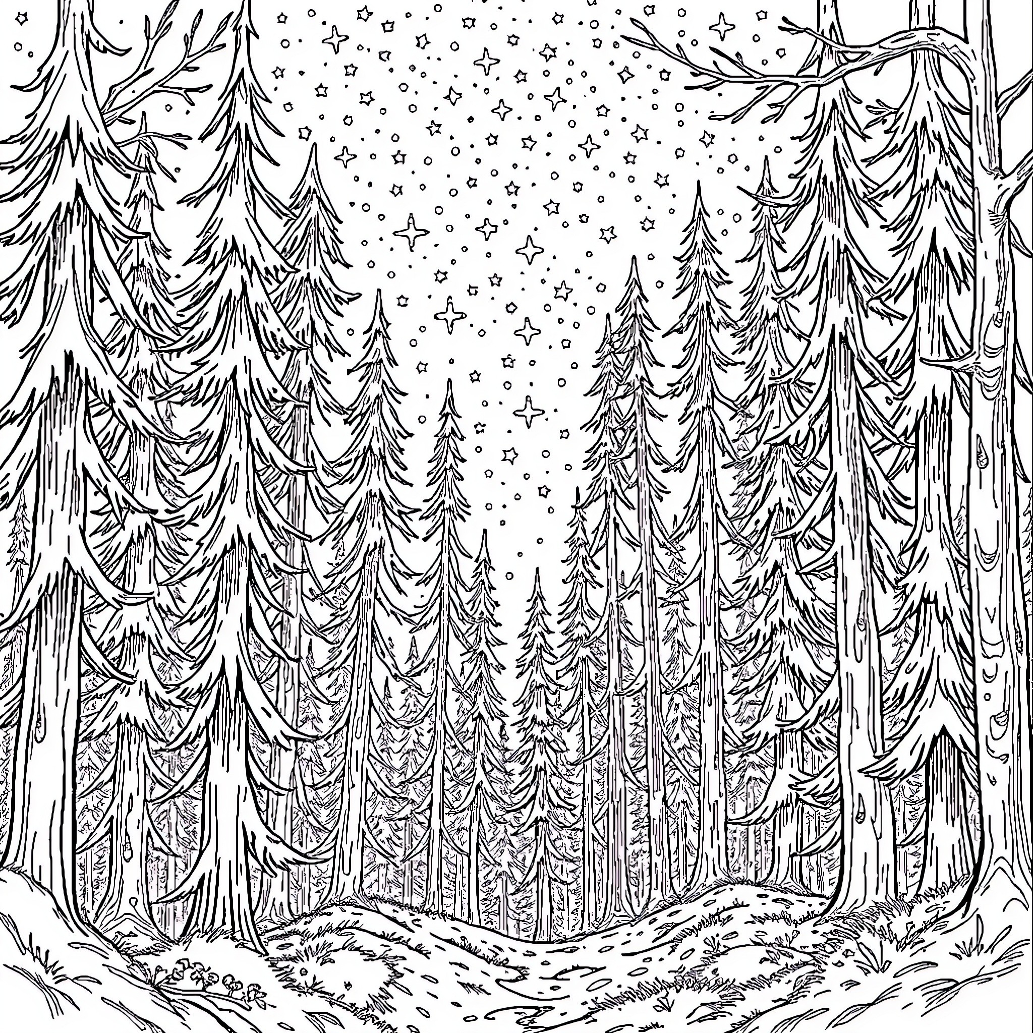Forest scene with snowy pine trees and snowfall Coloring Page (free black-and-white line drawing printable PDF for all, from beginners to advanced learners, including children, teens, adults, and seniors)
