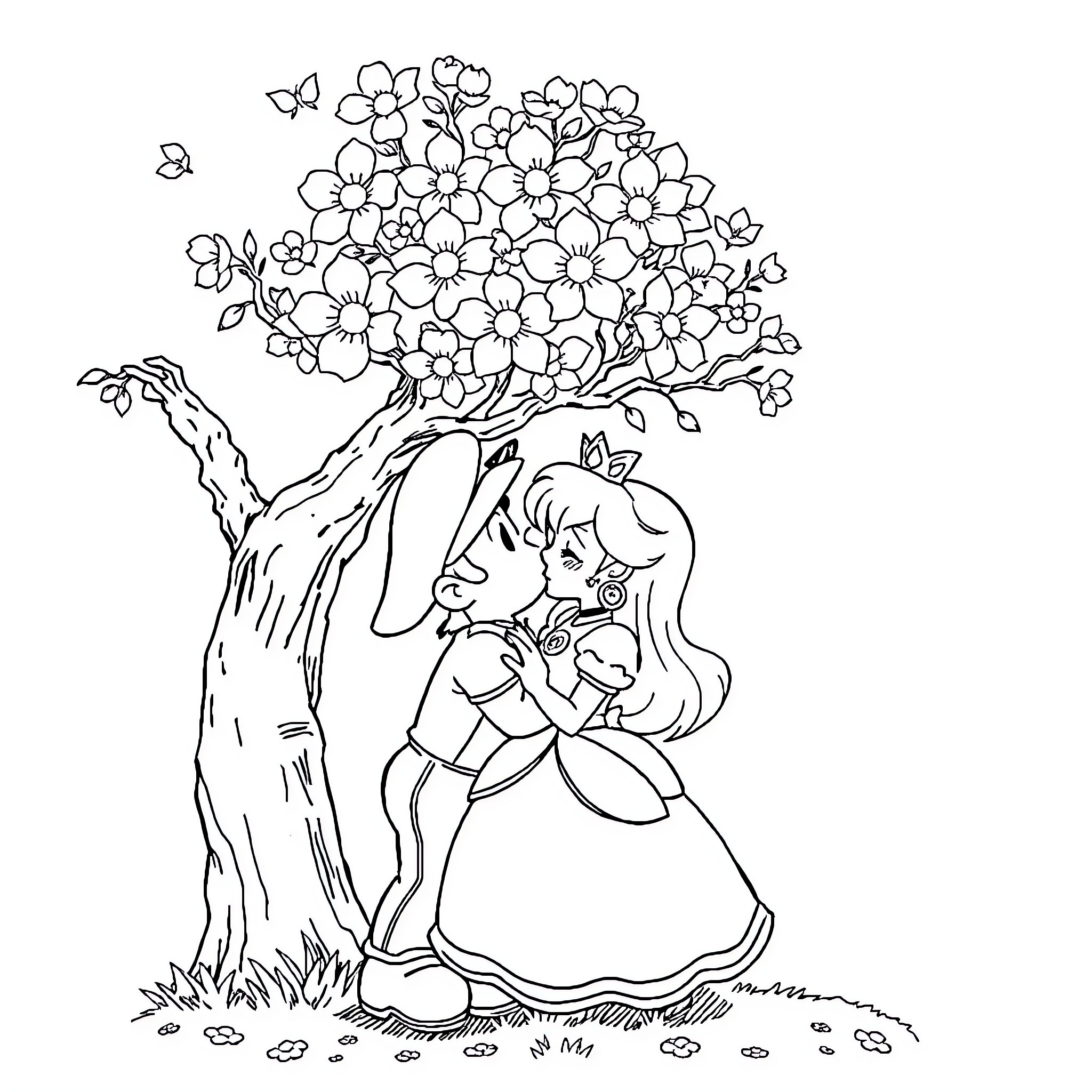 Mario's Blooming Daydream: A Princess Enjoying Nature's Beauty Coloring Page (free black-and-white line drawing printable PDF for all, from beginners to advanced learners, including children, teens, adults, and seniors)