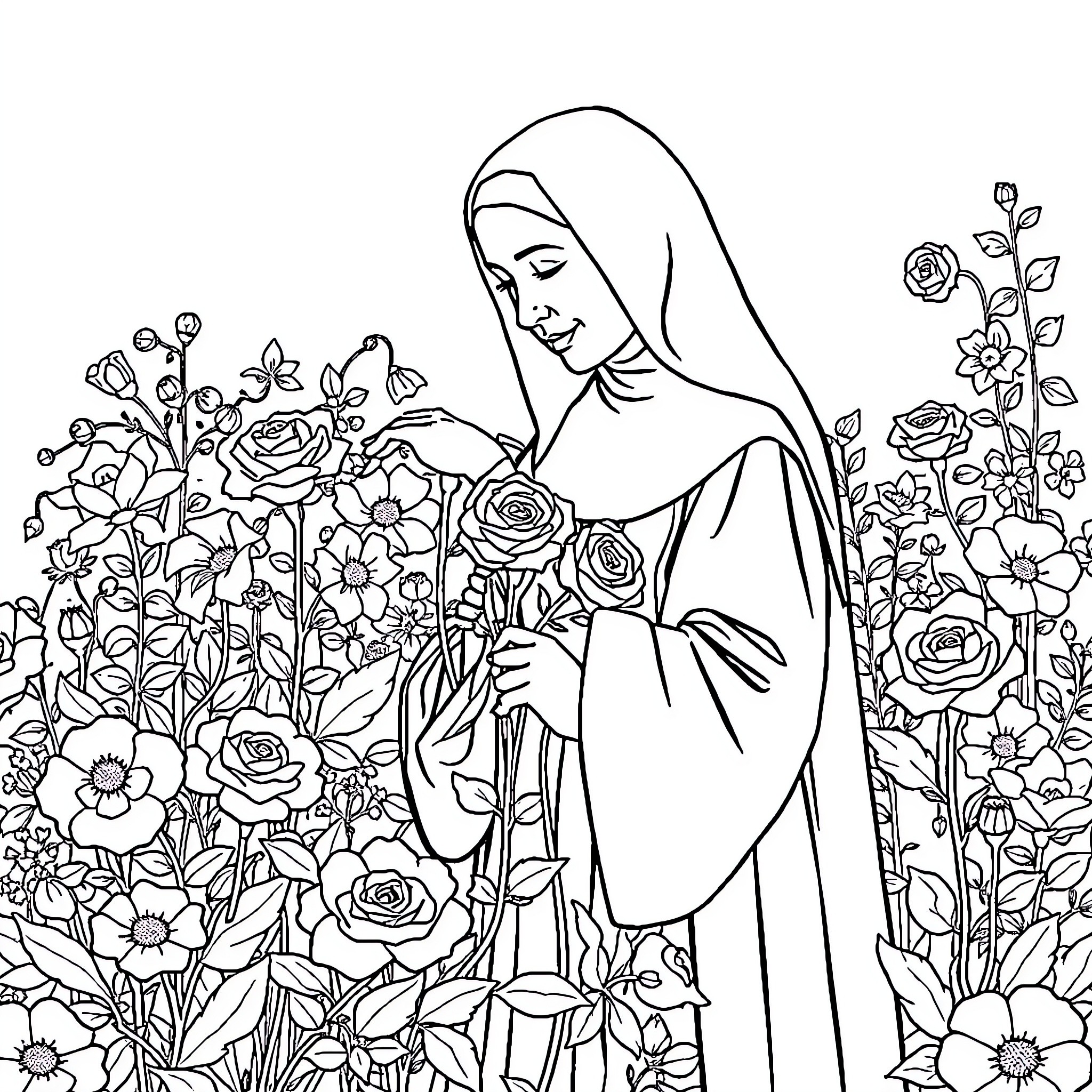 St. Therese surrounded by beautiful flowers Coloring Page (free black-and-white line drawing printable PDF for all, from beginners to advanced learners, including children, teens, adults, and seniors)