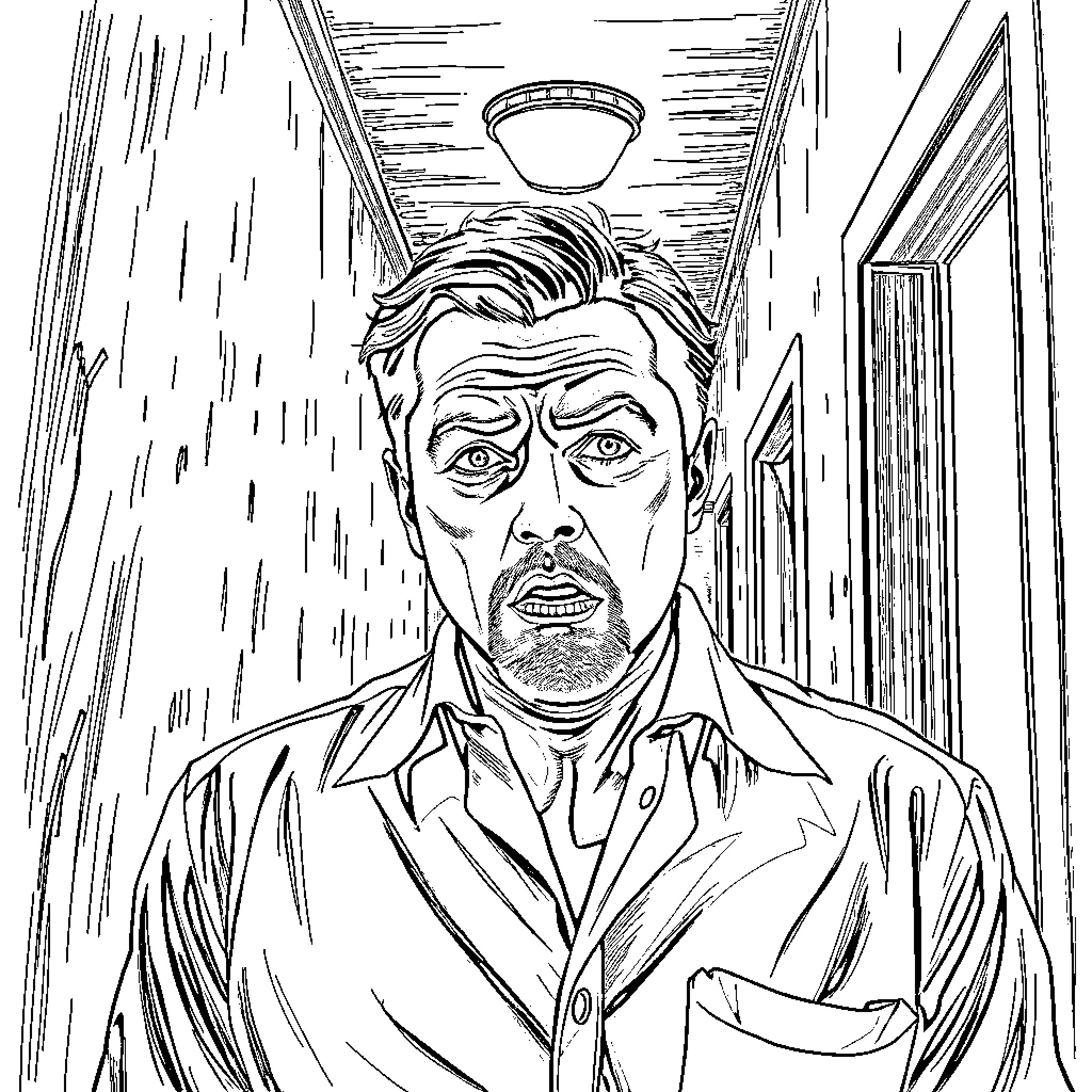 Leo DiCaprio portrayed in a distressed, dramatic expression Coloring Page (free black-and-white line drawing printable PDF for all, from beginners to advanced learners, including children, teens, adults, and seniors)