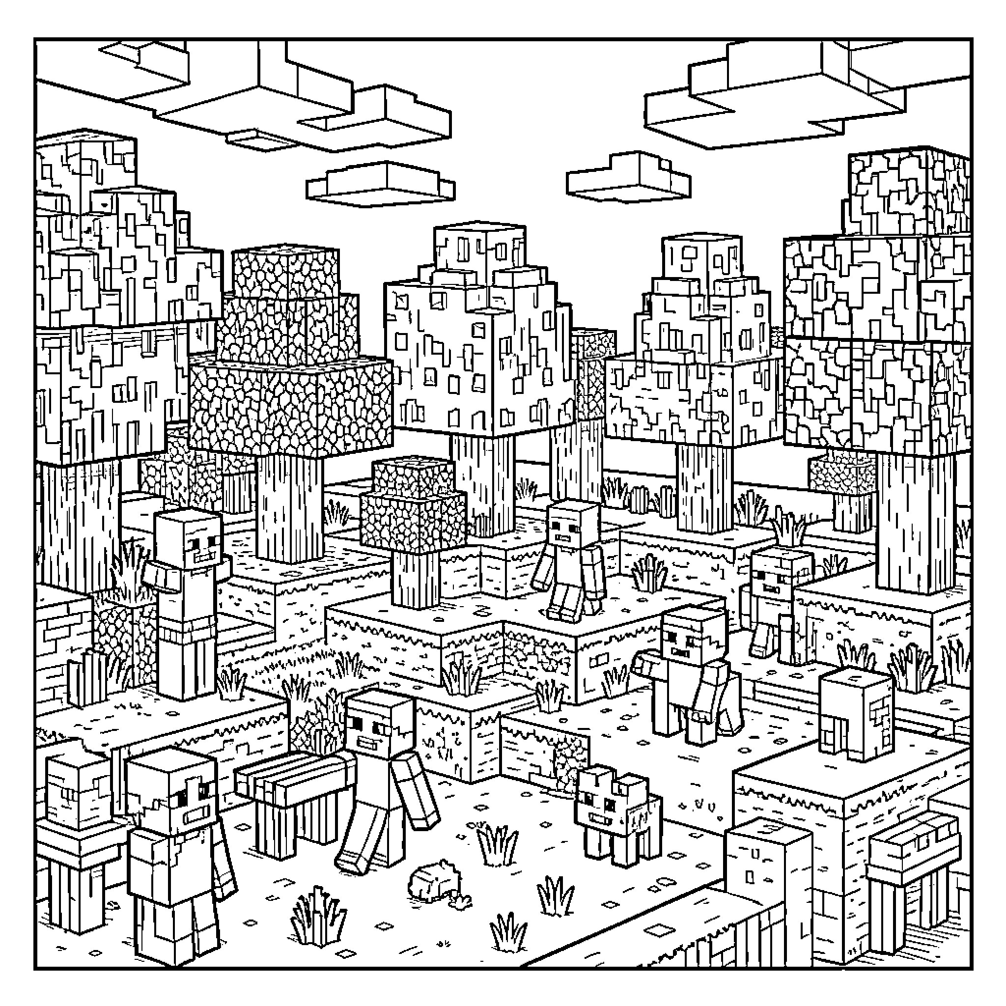 Minecraft Characters in a Detailed Urban Landscape Coloring Page (free black-and-white line drawing printable PDF for all, from beginners to advanced learners, including children, teens, adults, and seniors)